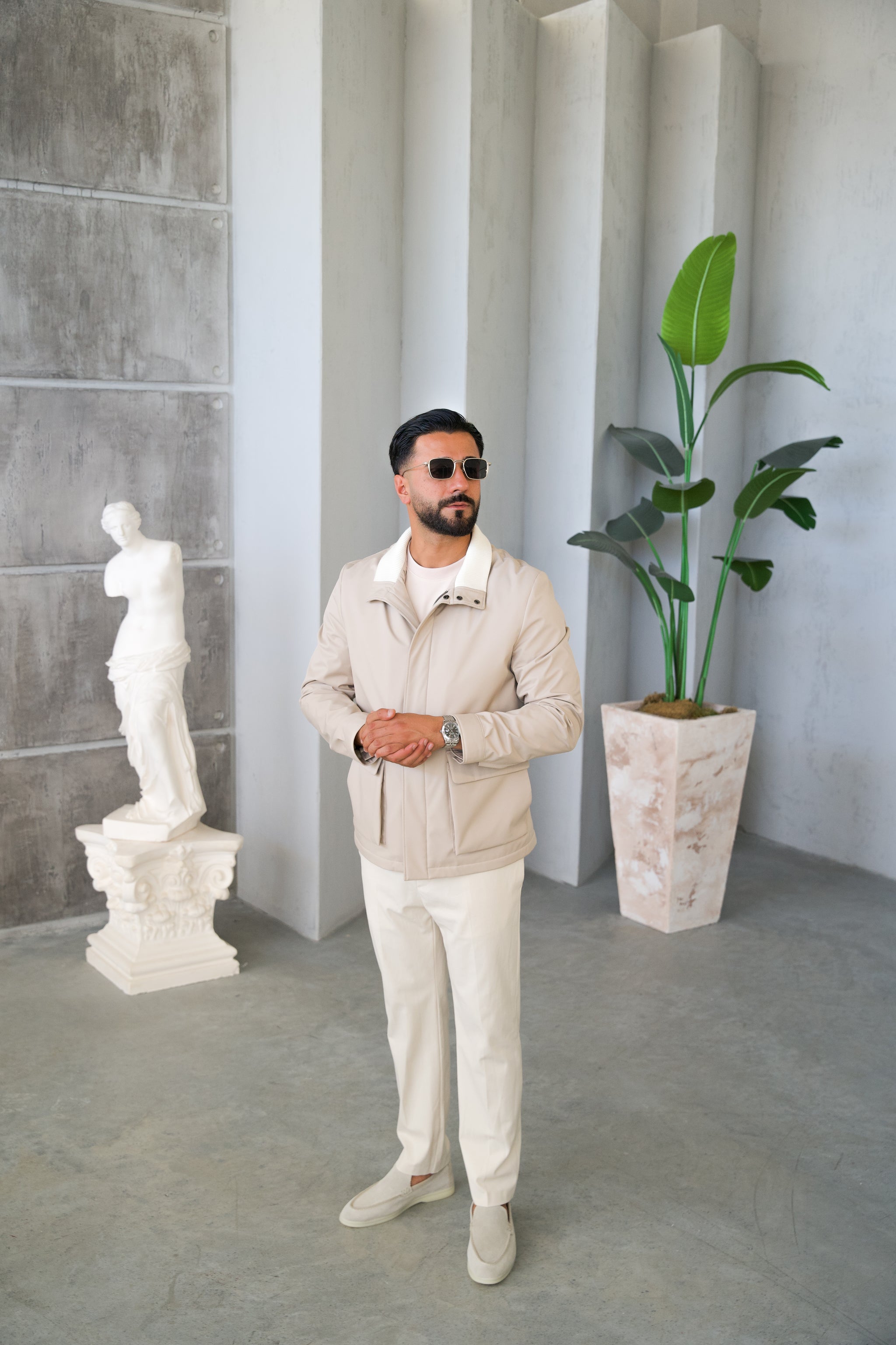 Men's Jacket with Double Pockets and Knitted Collar