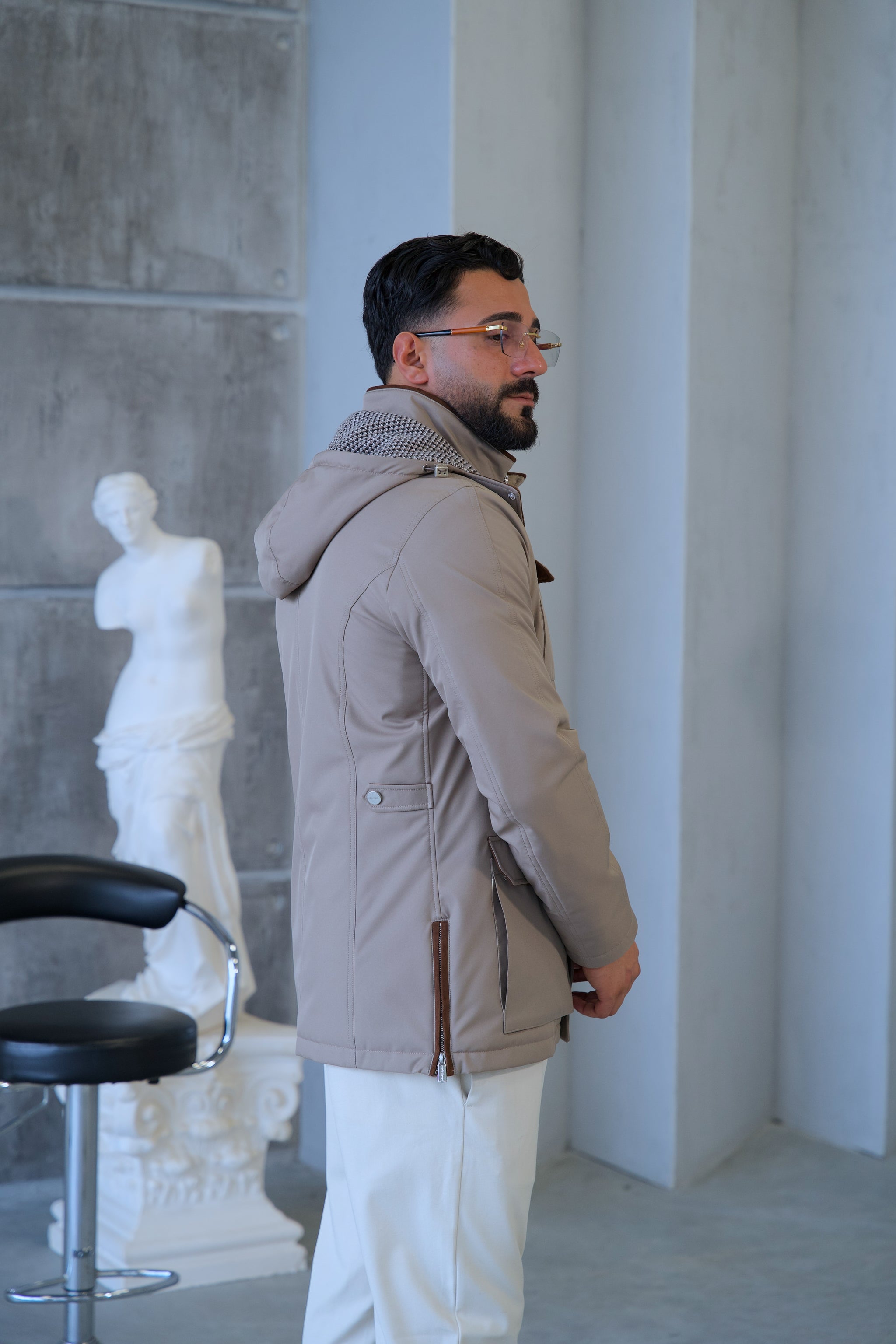 Men's Waterproof Hooded Jacket with Rabbit Fur Trim