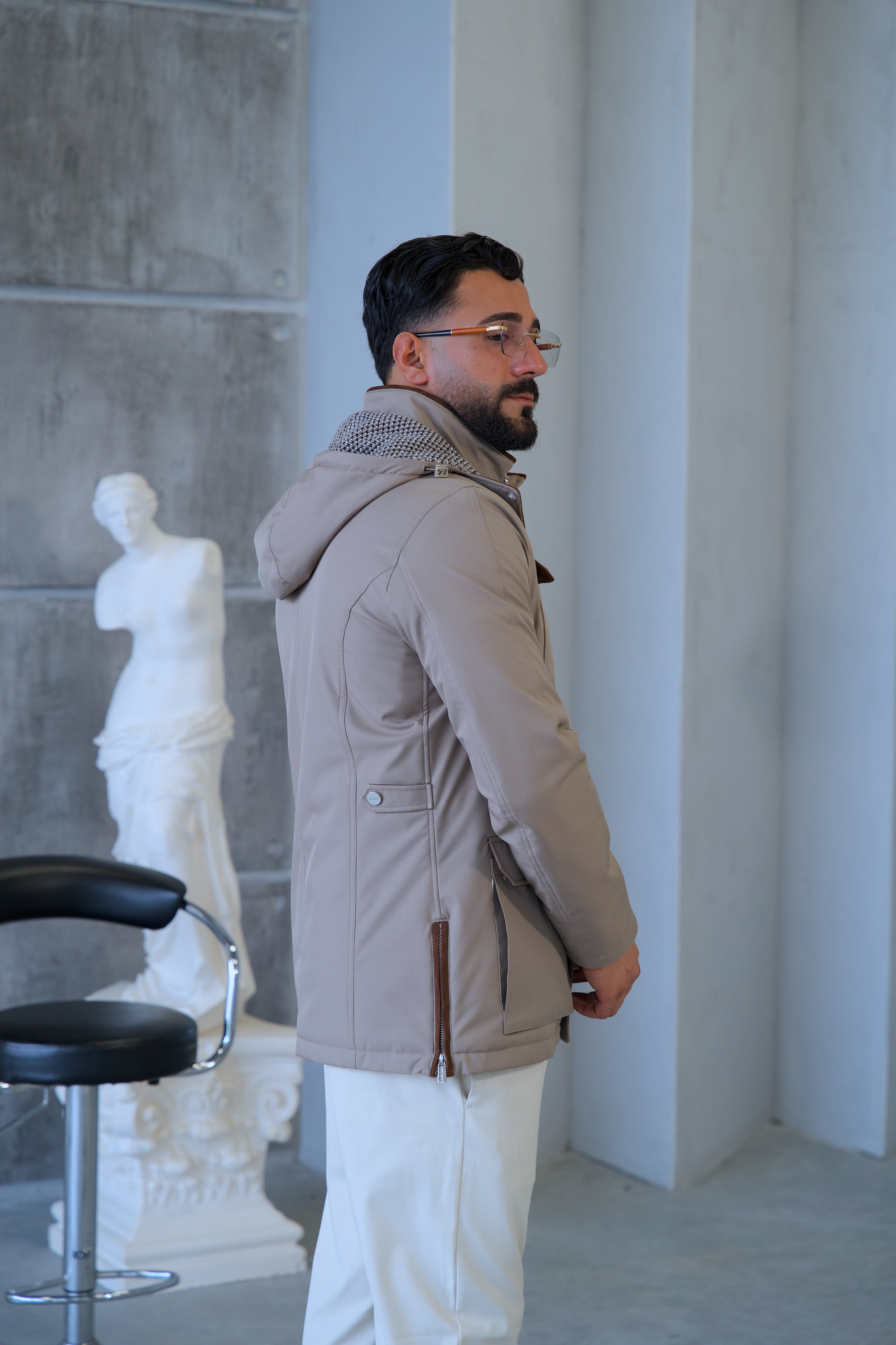 Men's Waterproof Hooded Jacket with Rabbit Fur Trim