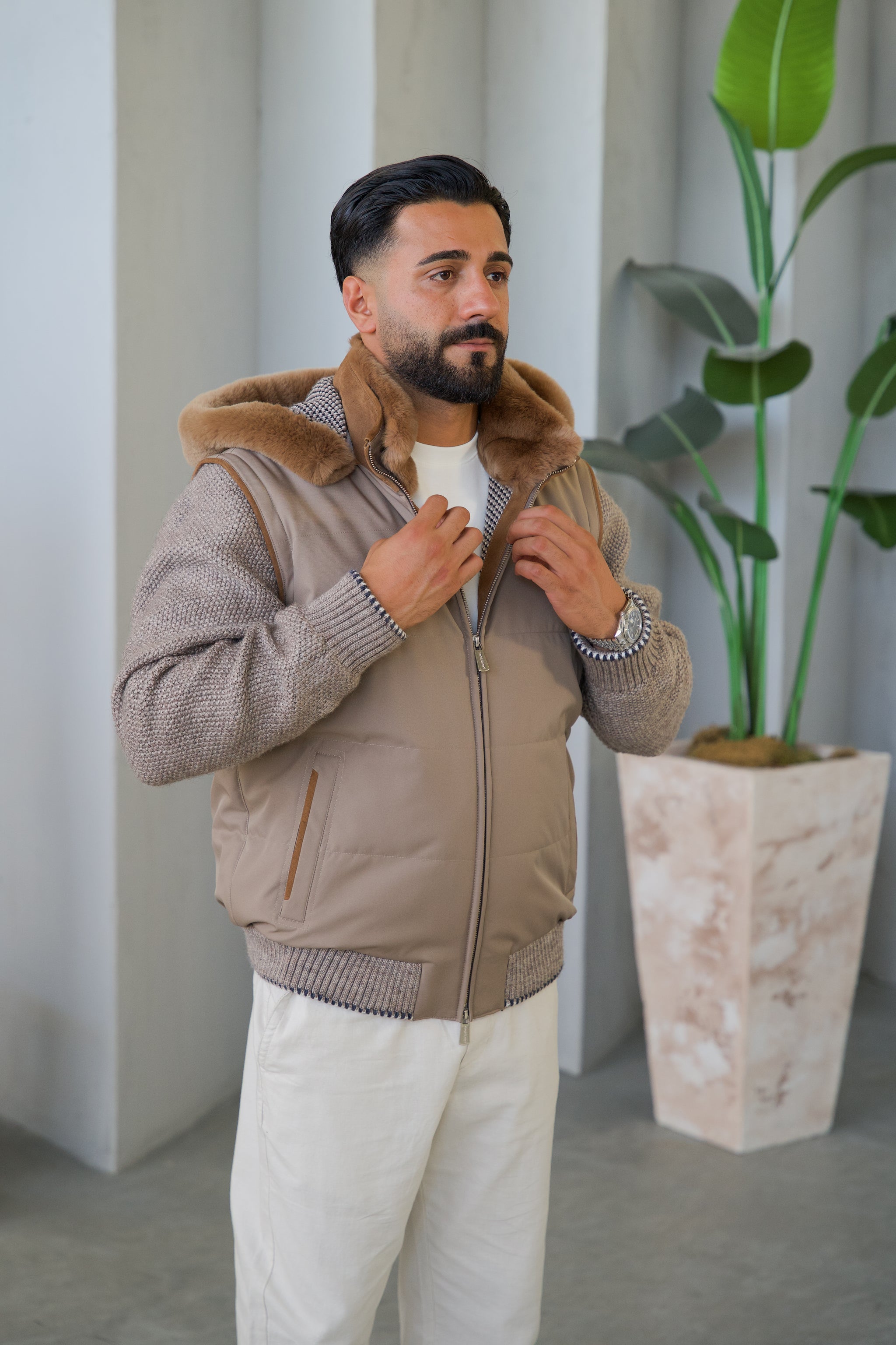 Men's Waterproof Fabric Hooded Jacket with Fur Lining, Knitted Sleeves