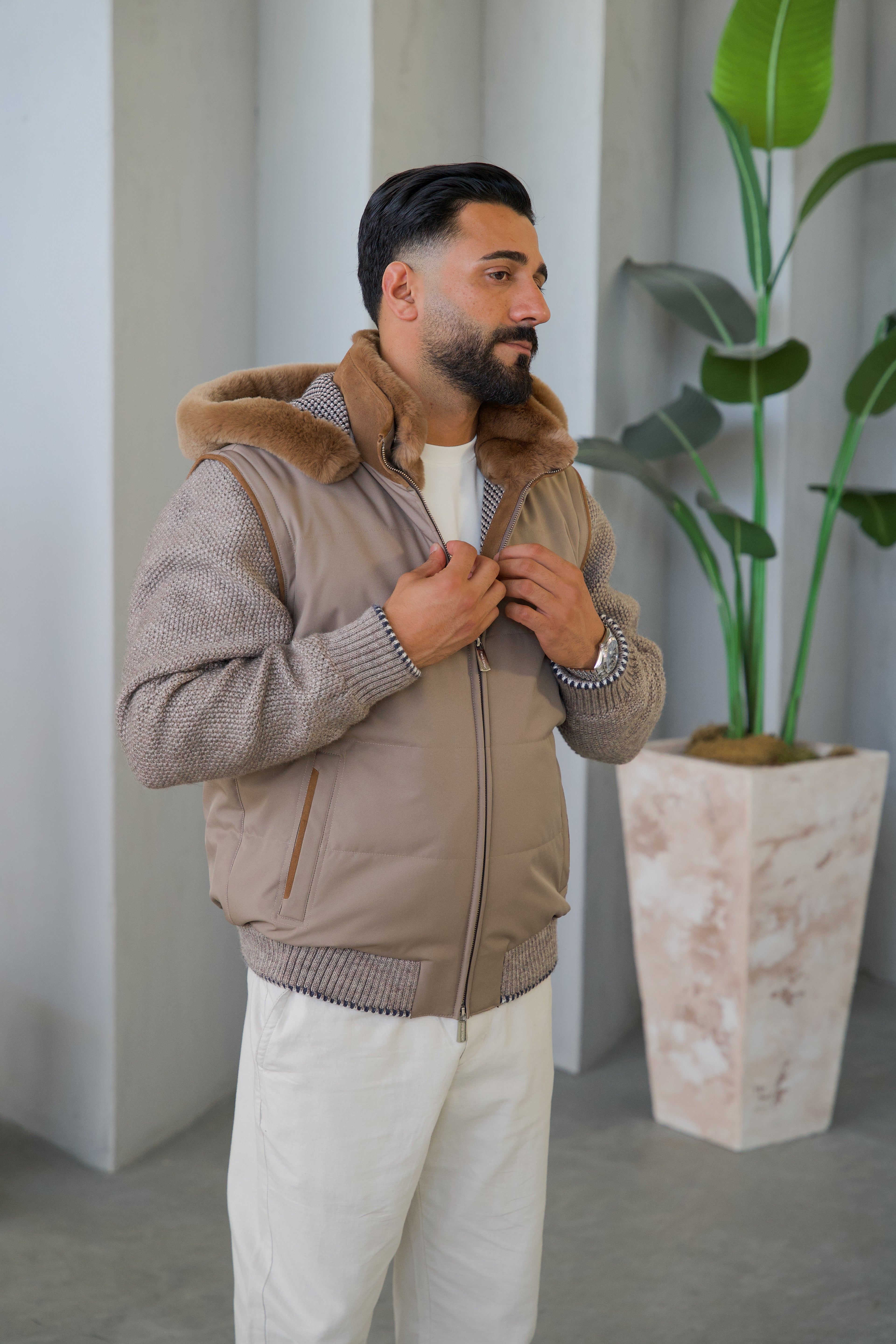 Men's Waterproof Fabric Hooded Jacket with Fur Lining, Knitted Sleeves
