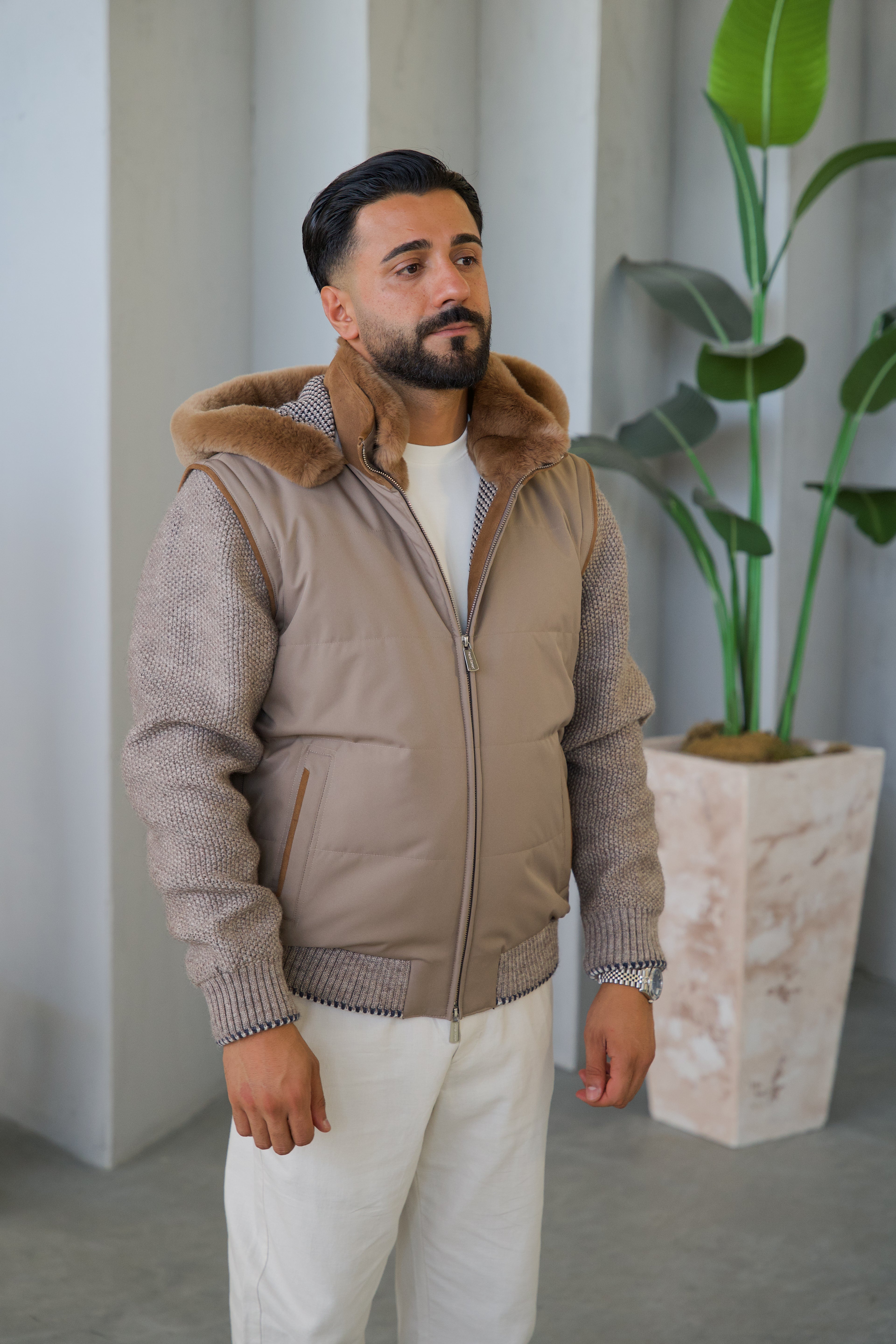Men's Waterproof Fabric Hooded Jacket with Fur Lining, Knitted Sleeves