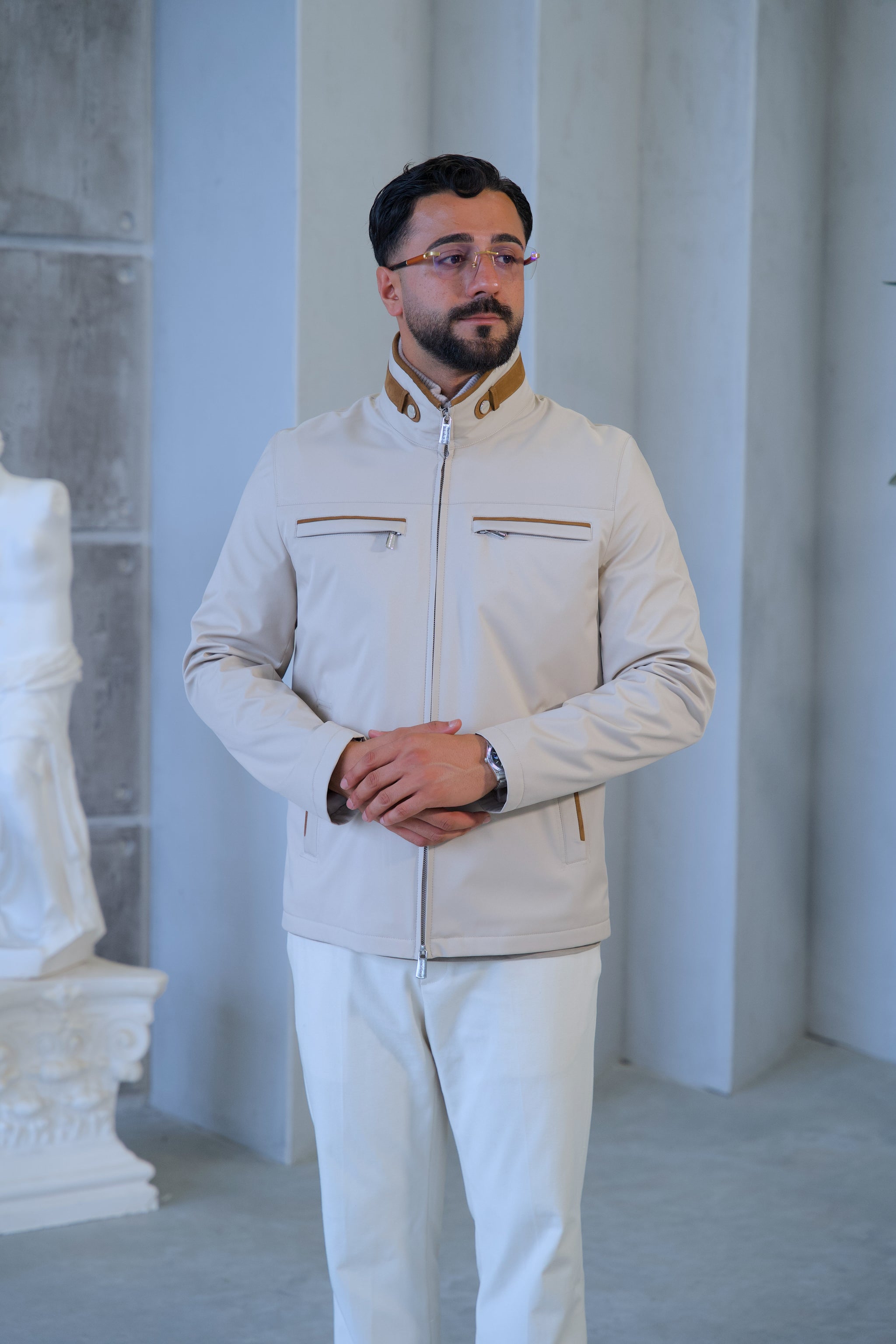Men's Waterproof Jacket with Knit Collar and Waterproof Fabric