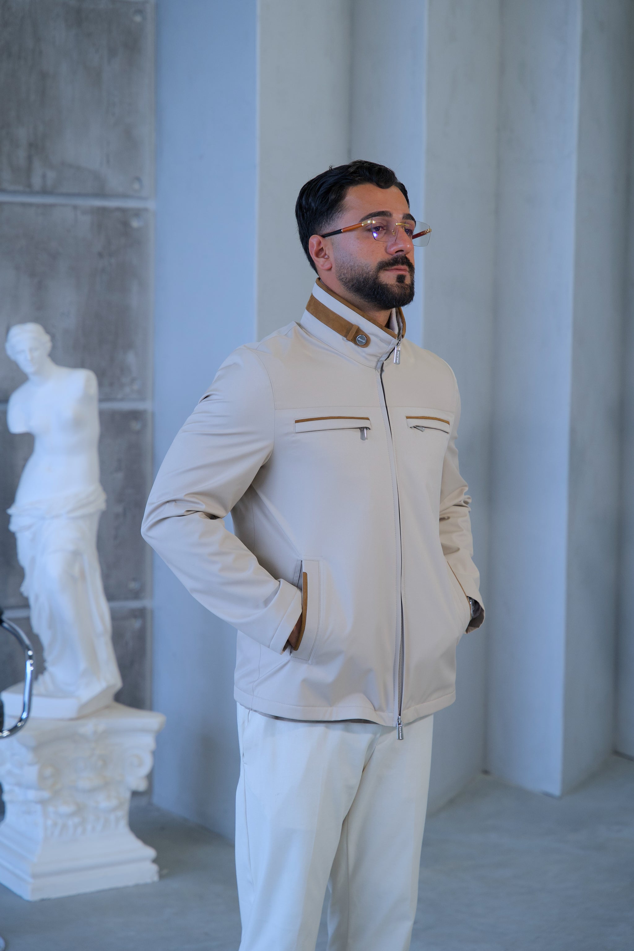 Men's Waterproof Jacket with Knit Collar and Waterproof Fabric