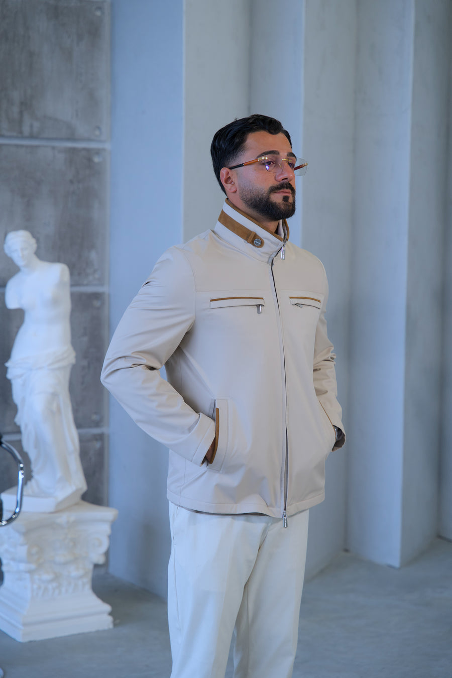 Men's Waterproof Jacket with Knit Collar and Waterproof Fabric