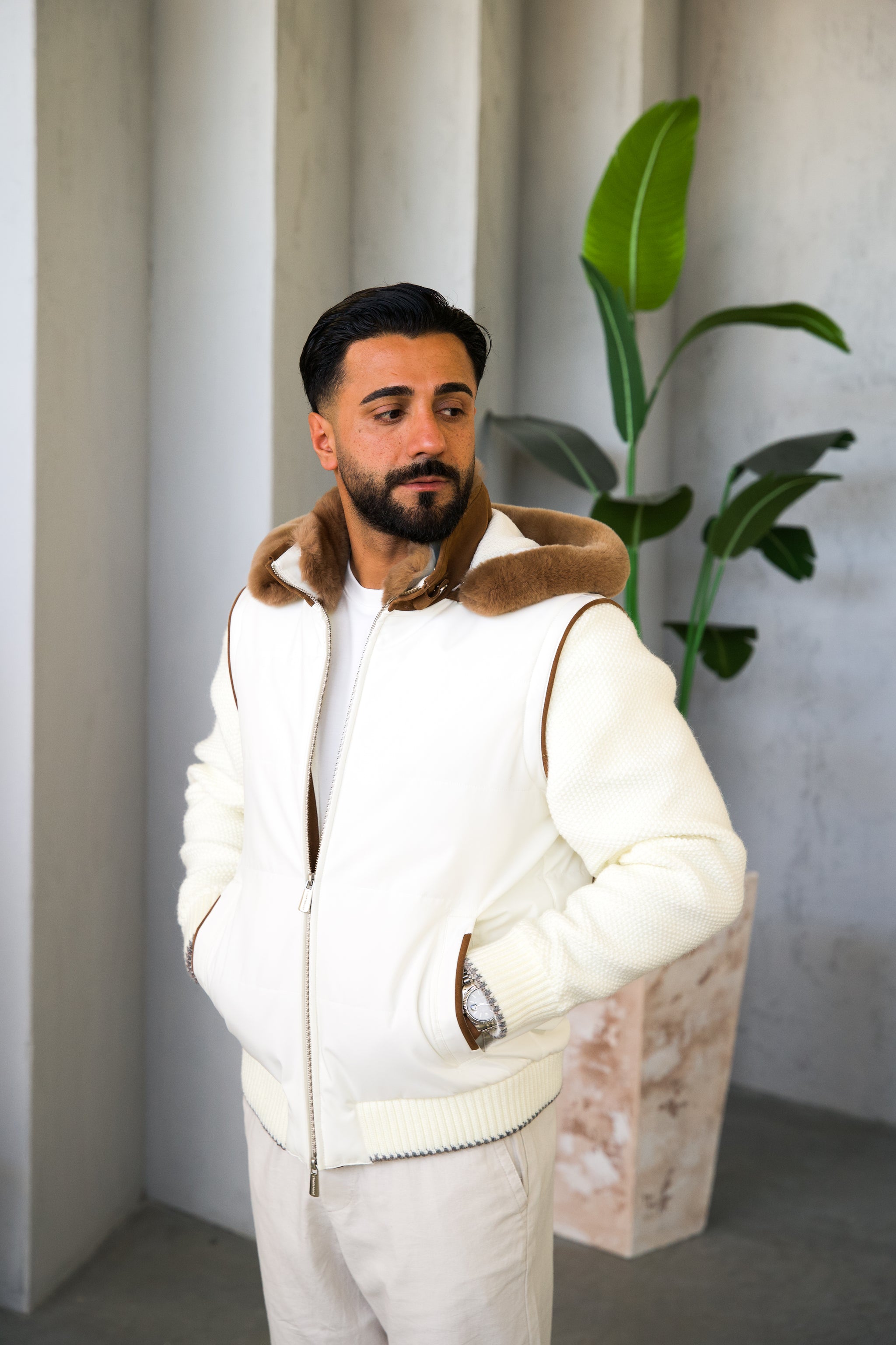 Men's Waterproof Fabric Hooded Jacket with Fur Lining, Knitted Sleeves