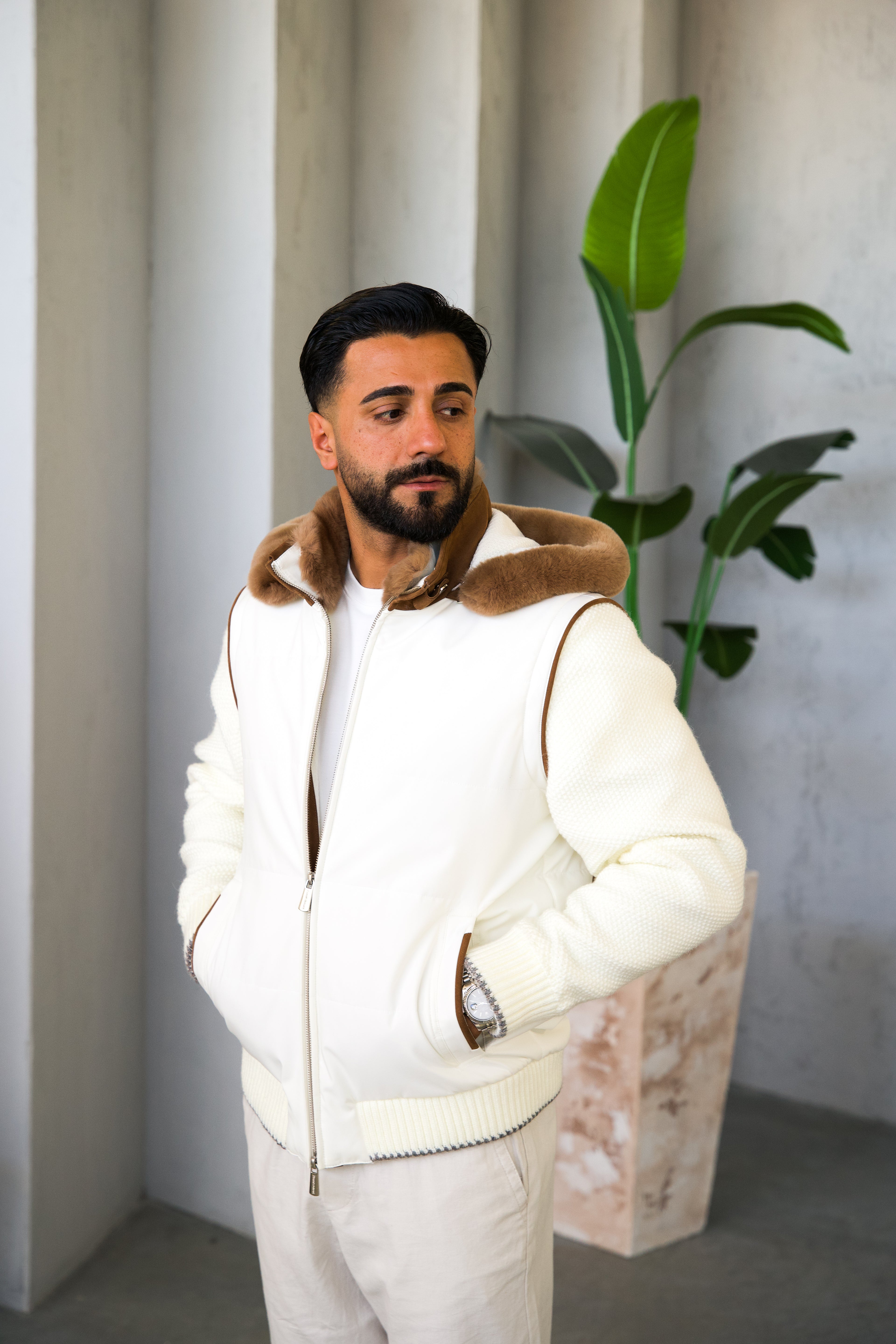 Men's Waterproof Fabric Hooded Jacket with Fur Lining, Knitted Sleeves