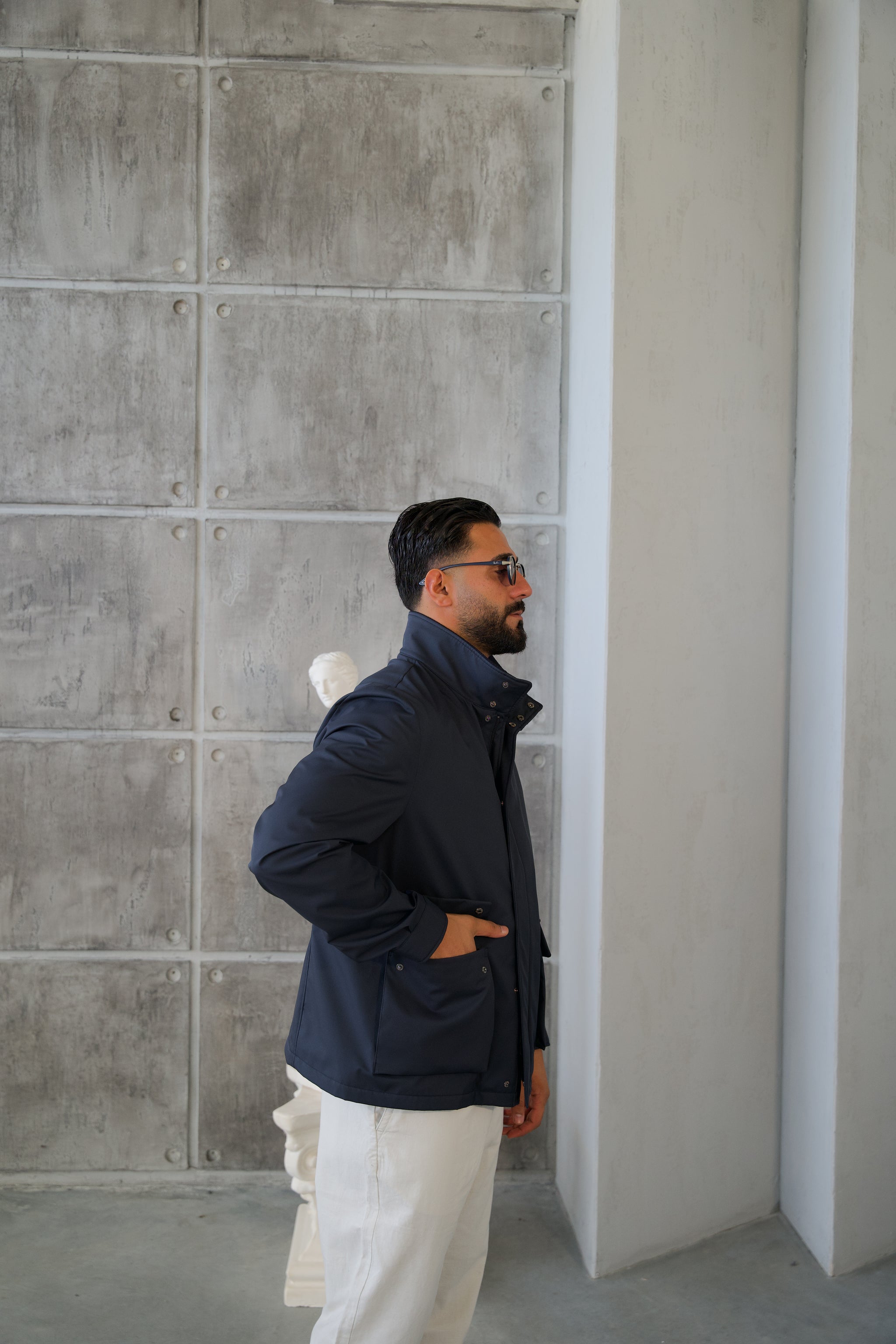 Men's Jacket with Double Pockets and Knitted Collar