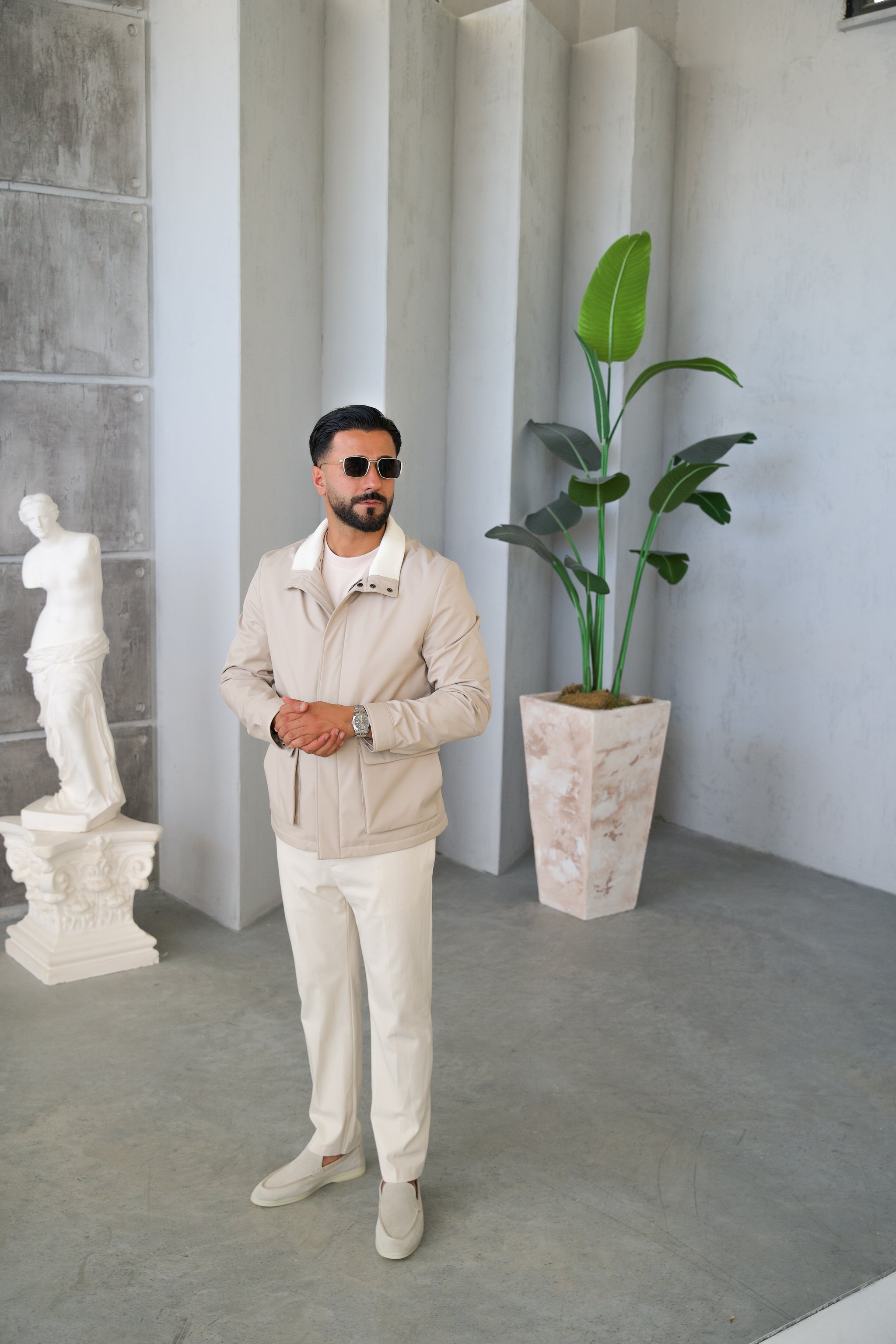 Men's Jacket with Double Pockets and Knitted Collar