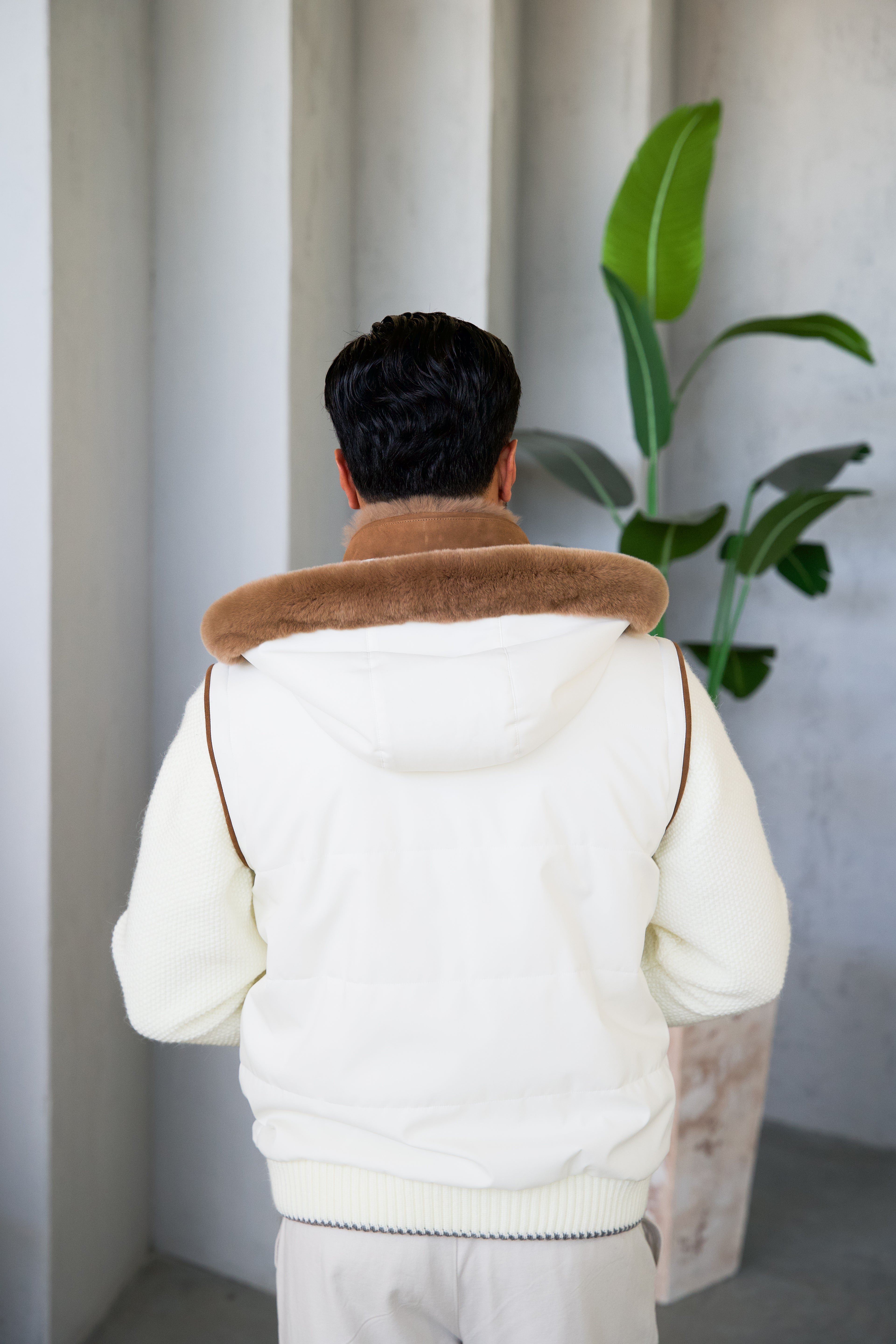 Men's Waterproof Fabric Hooded Jacket with Fur Lining, Knitted Sleeves
