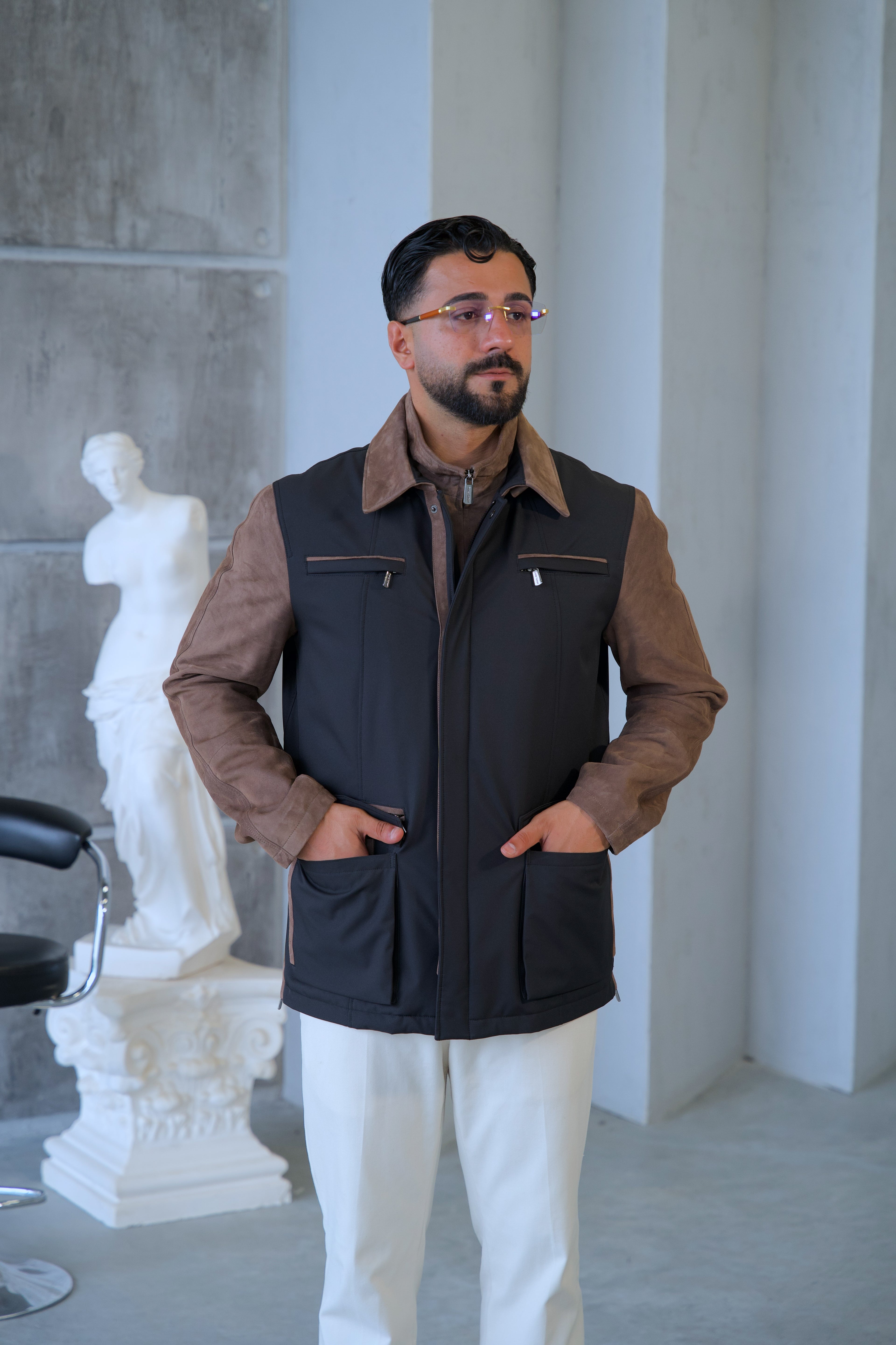 Waterproof and Suede Leather Fabric Men's Jacket