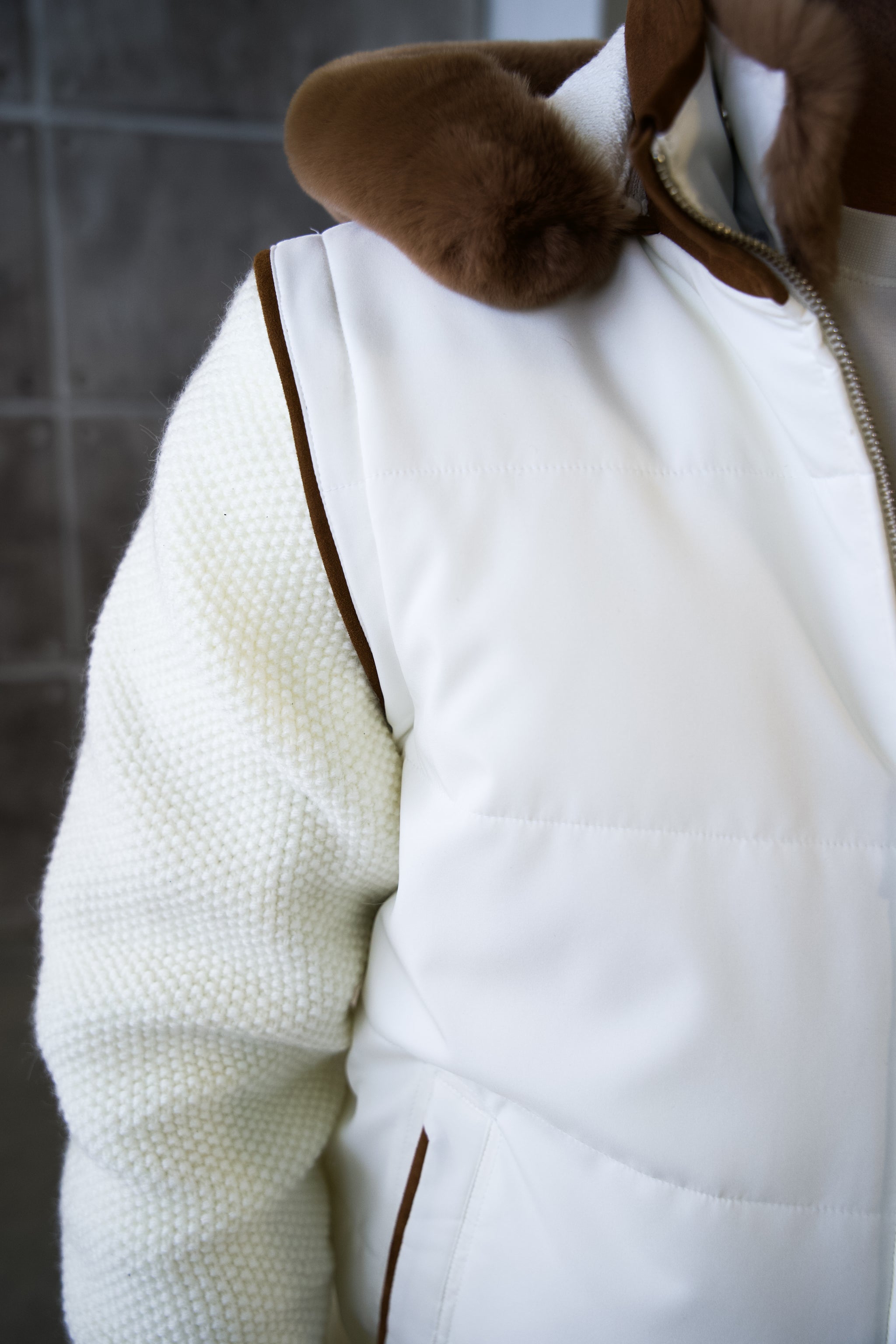 Men's Waterproof Fabric Hooded Jacket with Fur Lining, Knitted Sleeves