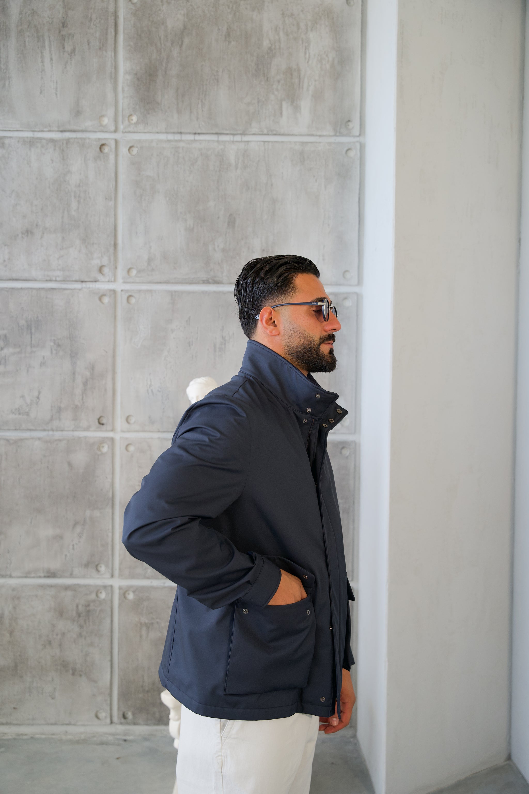 Men's Jacket with Double Pockets and Knitted Collar