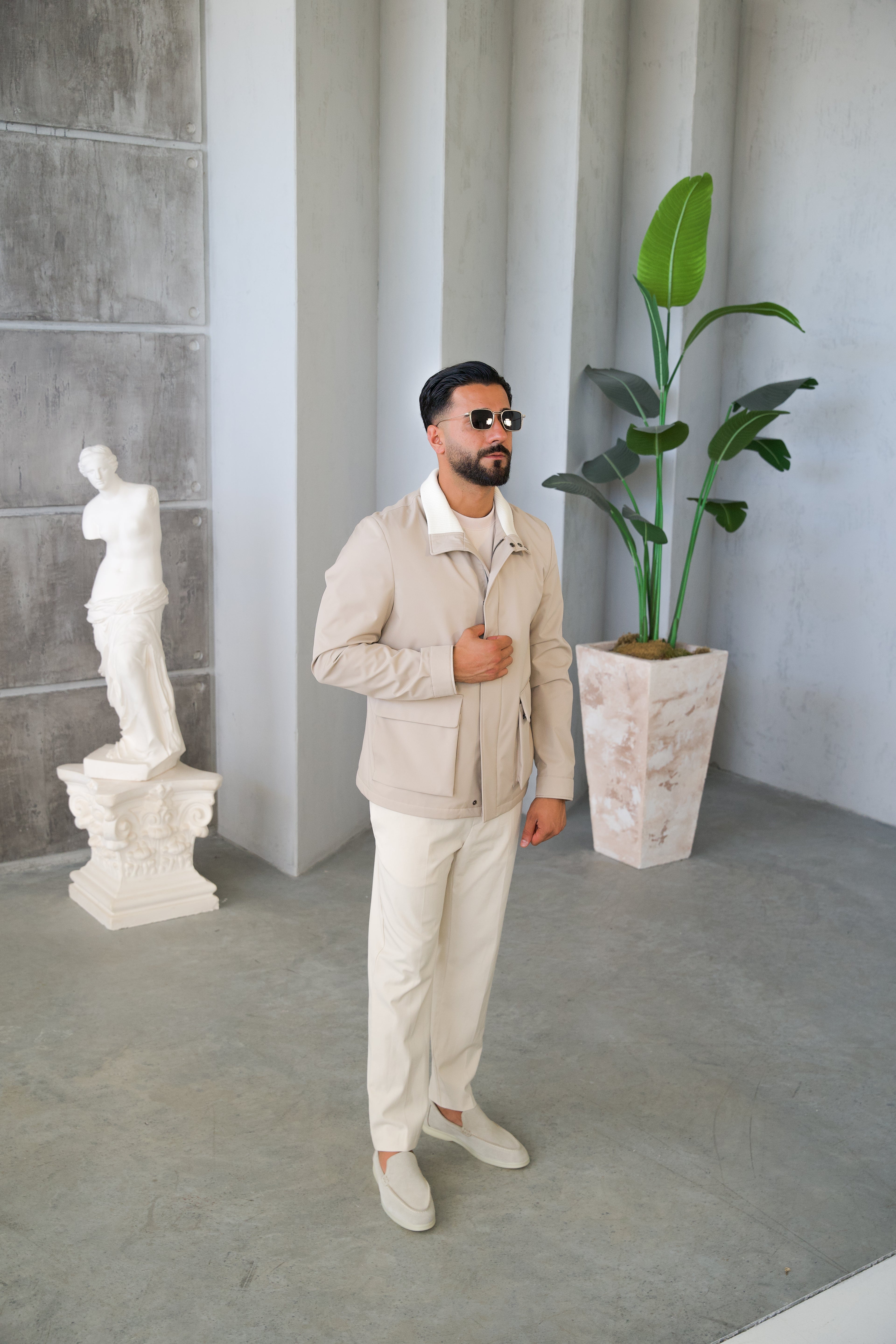 Men's Jacket with Double Pockets and Knitted Collar