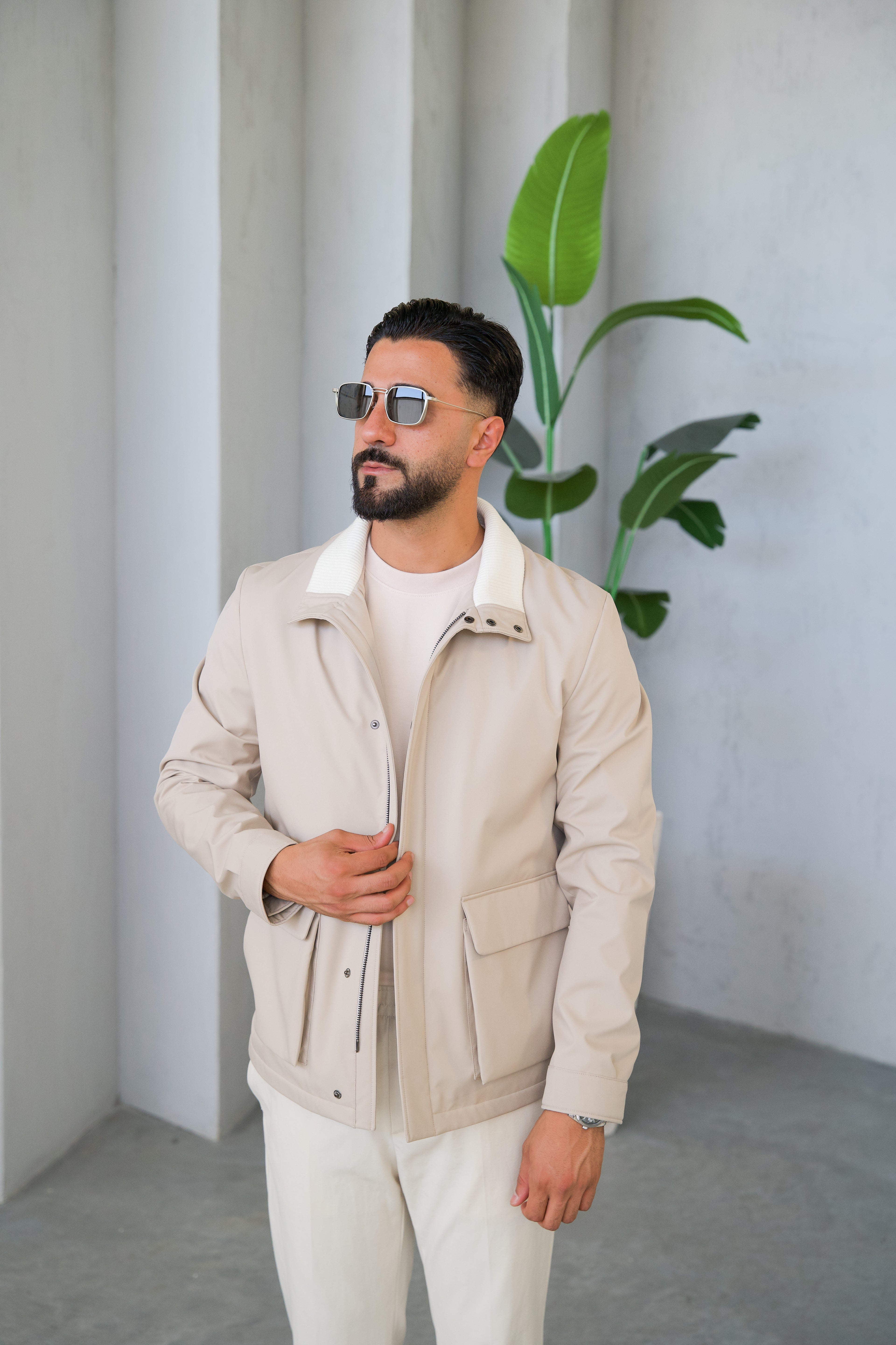 Men's Jacket with Double Pockets and Knitted Collar