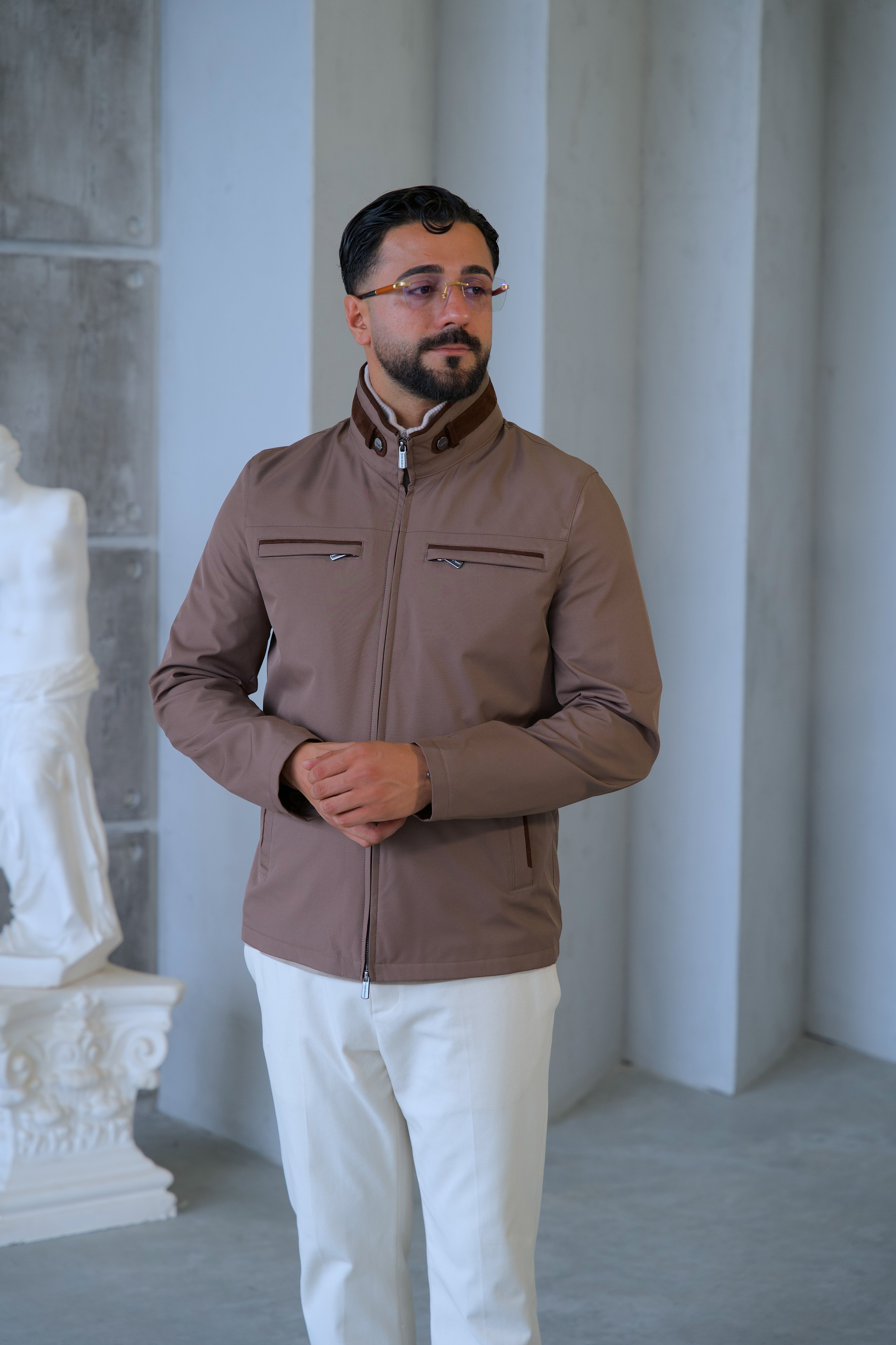 Men's Waterproof Jacket with Knit Collar and Waterproof Fabric