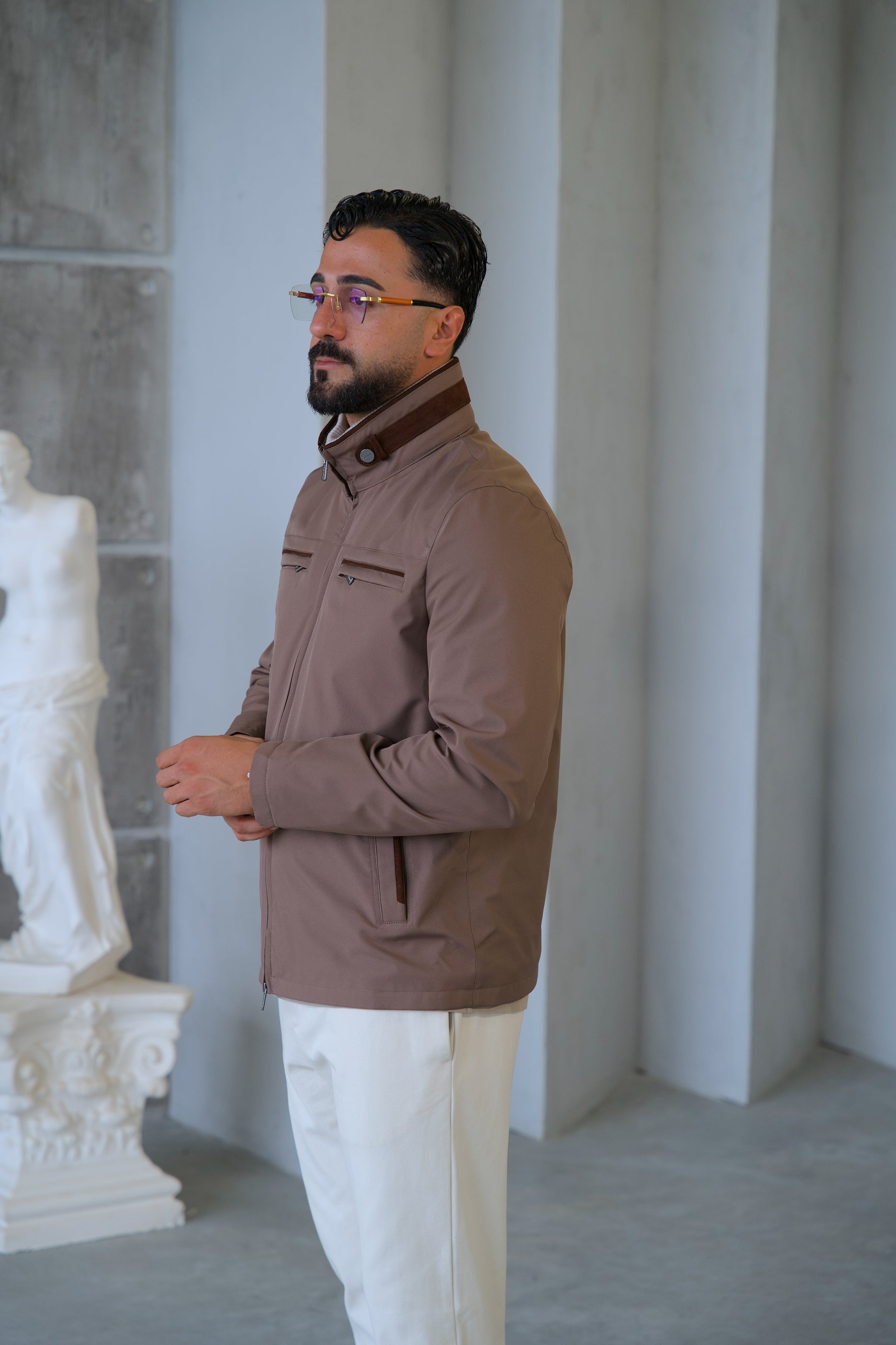 Men's Waterproof Jacket with Knit Collar and Waterproof Fabric