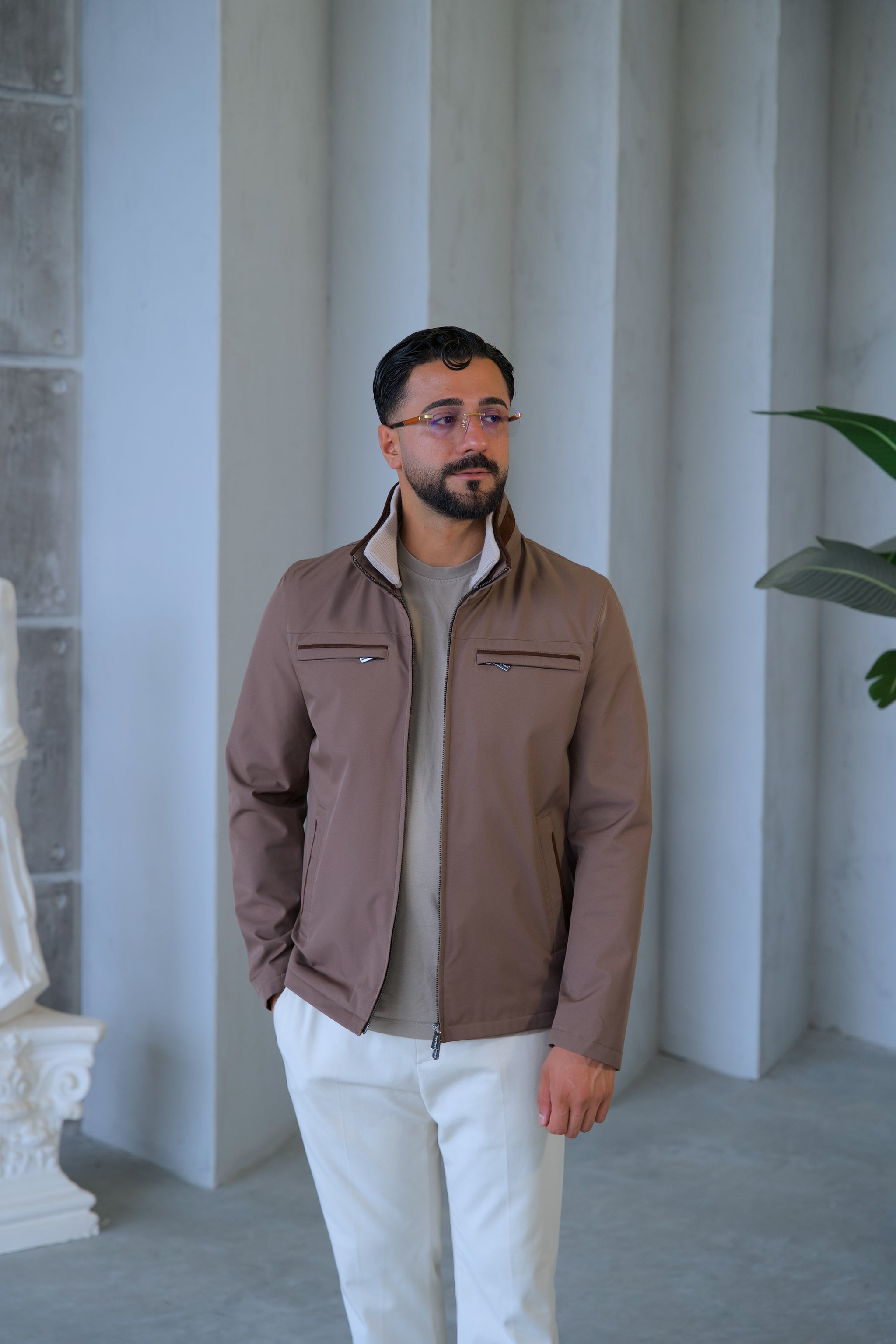 Men's Waterproof Jacket with Knit Collar and Waterproof Fabric