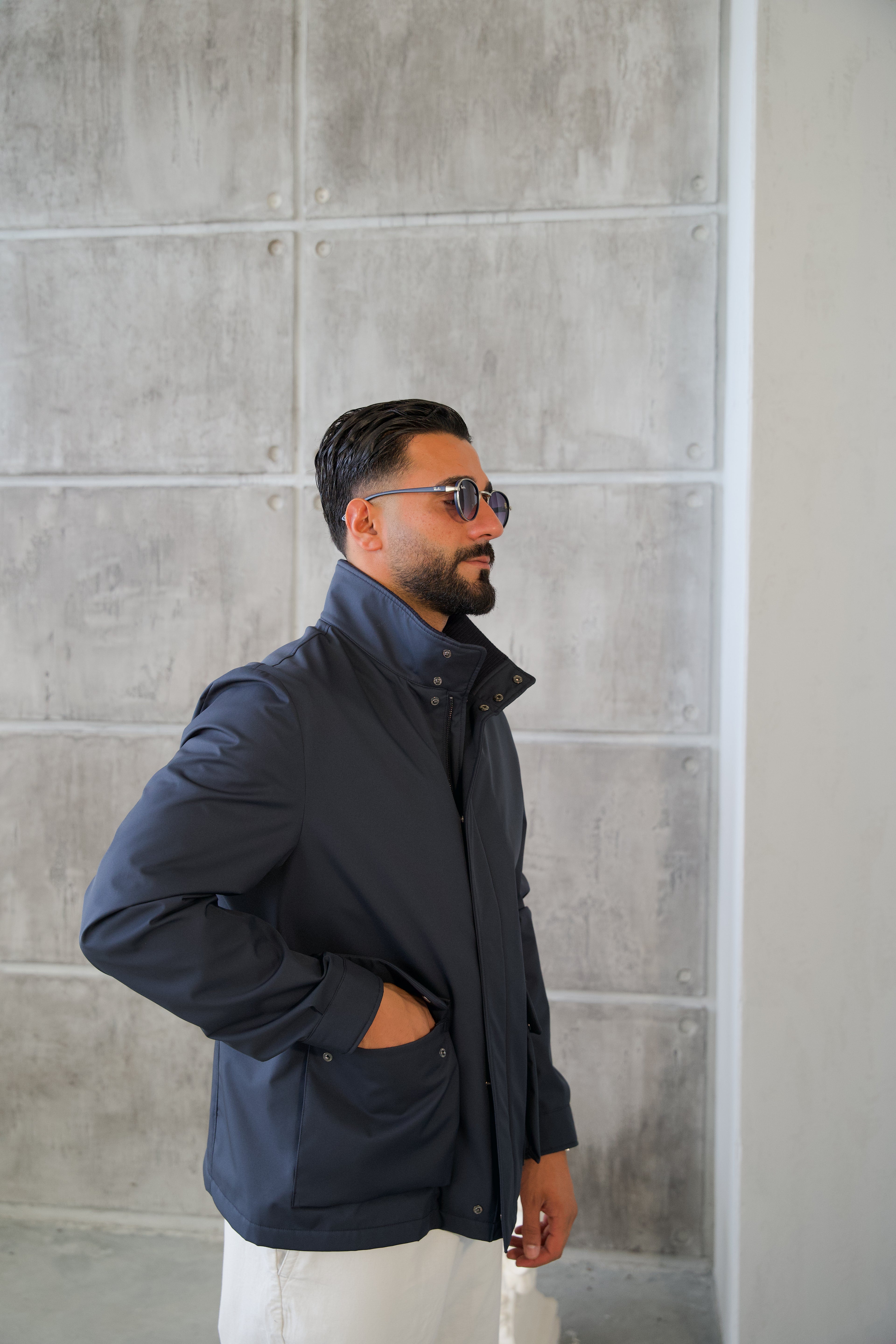 Men's Jacket with Double Pockets and Knitted Collar