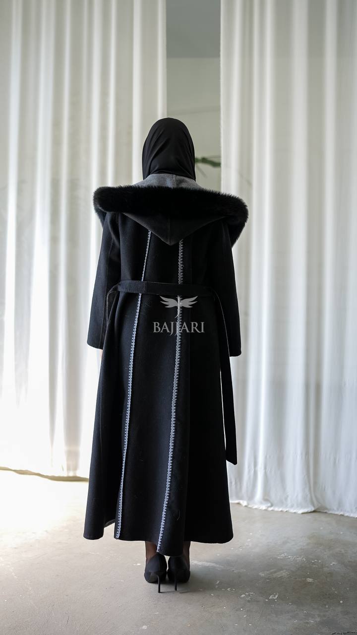 Women's Alpaca Wool Fabric Coat with Soft Fox Fur Trim on the Collar & Special Embroidery on Back Detail -9022-