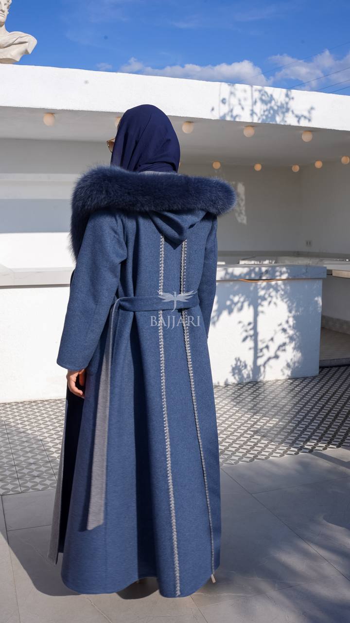Women’s Alpaca Wool Fabric Coat with Soft Fox Fur Trim on the Collar & Special Embroidery on Back Detail -9022-