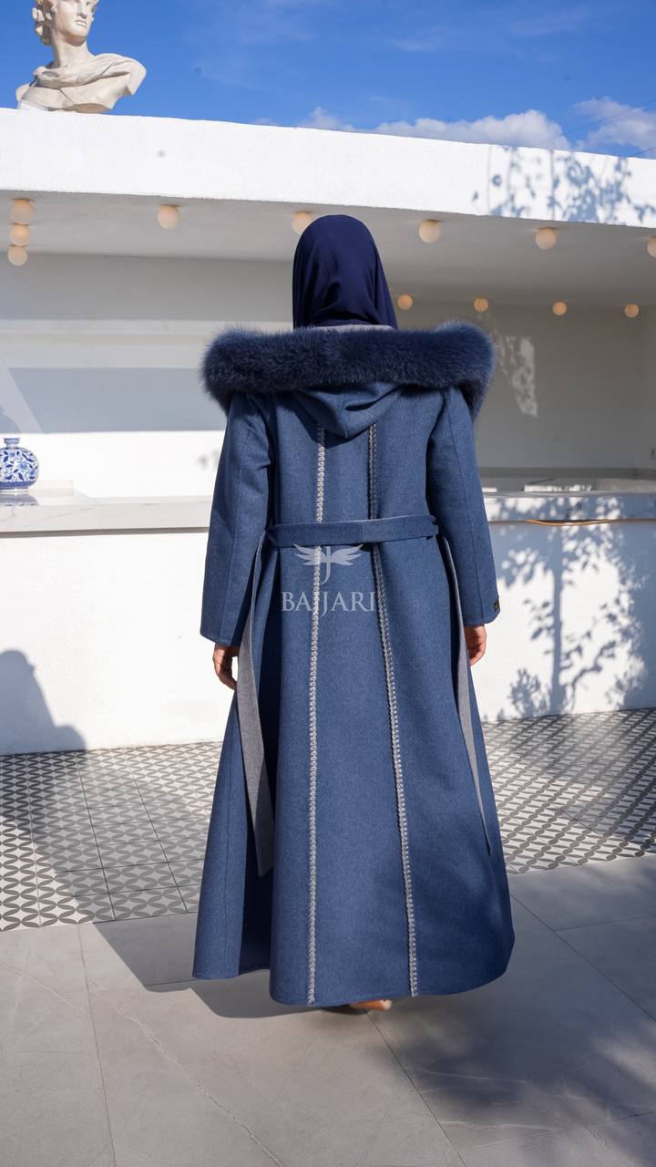Women’s Alpaca Wool Fabric Coat with Soft Fox Fur Trim on the Collar & Special Embroidery on Back Detail -9022-