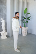 Men's Waterproof Fabric Hooded Jacket with Fur Lining, Knitted Sleeves