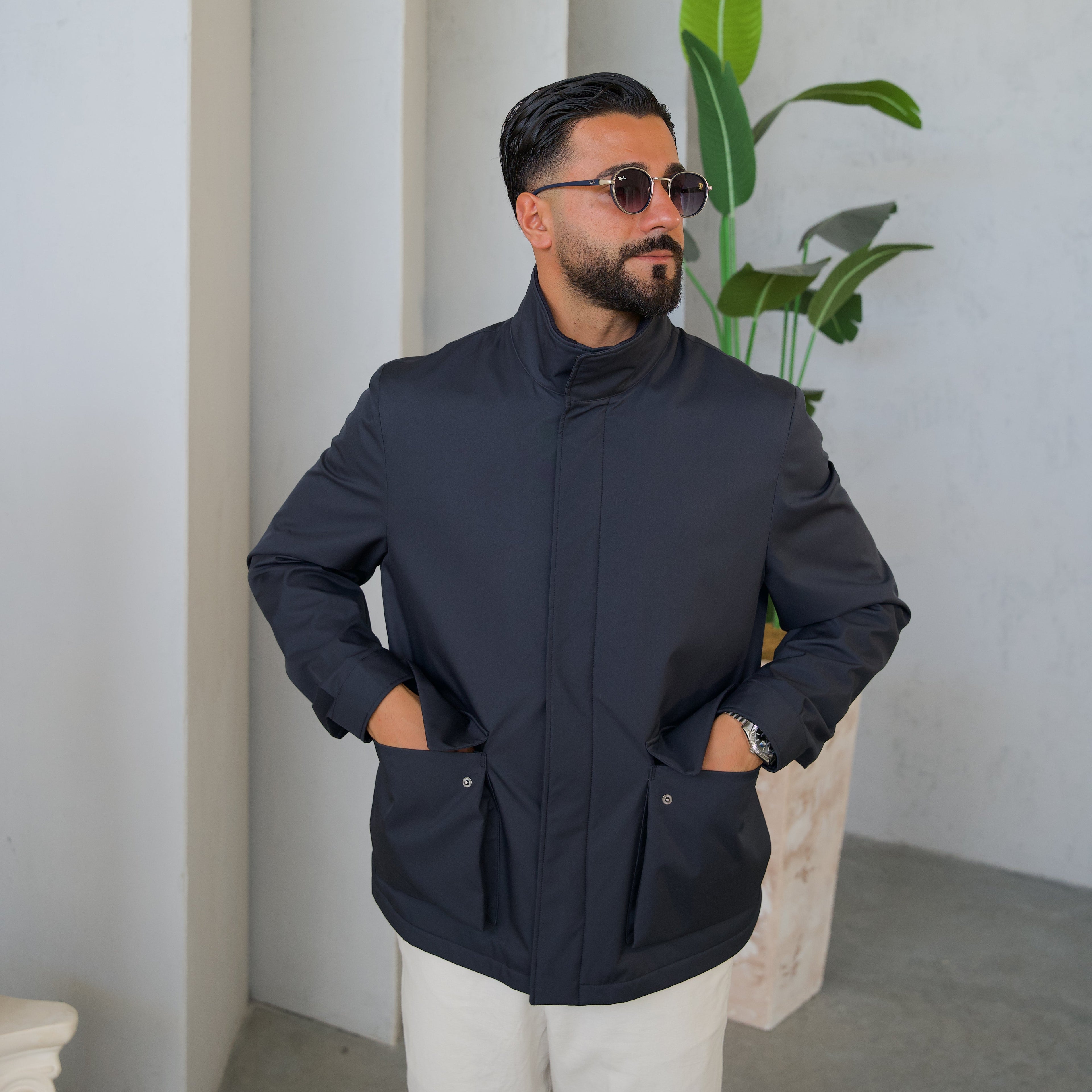 Men's Jacket with Double Pockets and Knitted Collar