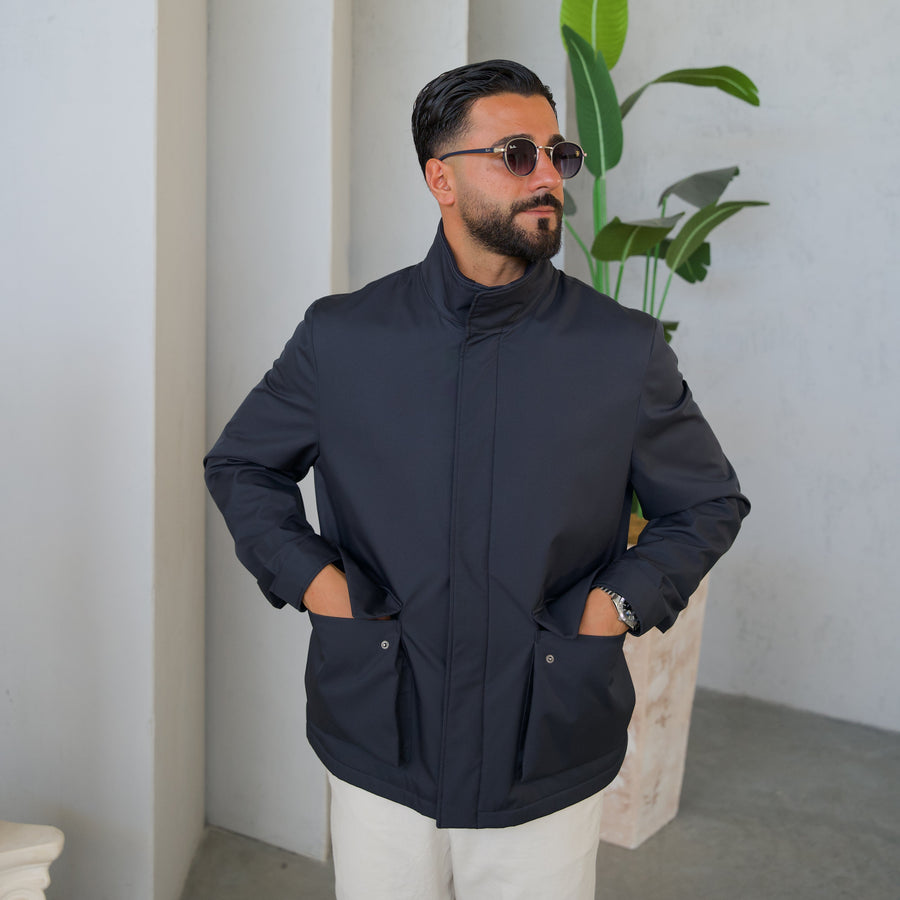 Men's Jacket with Double Pockets and Knitted Collar