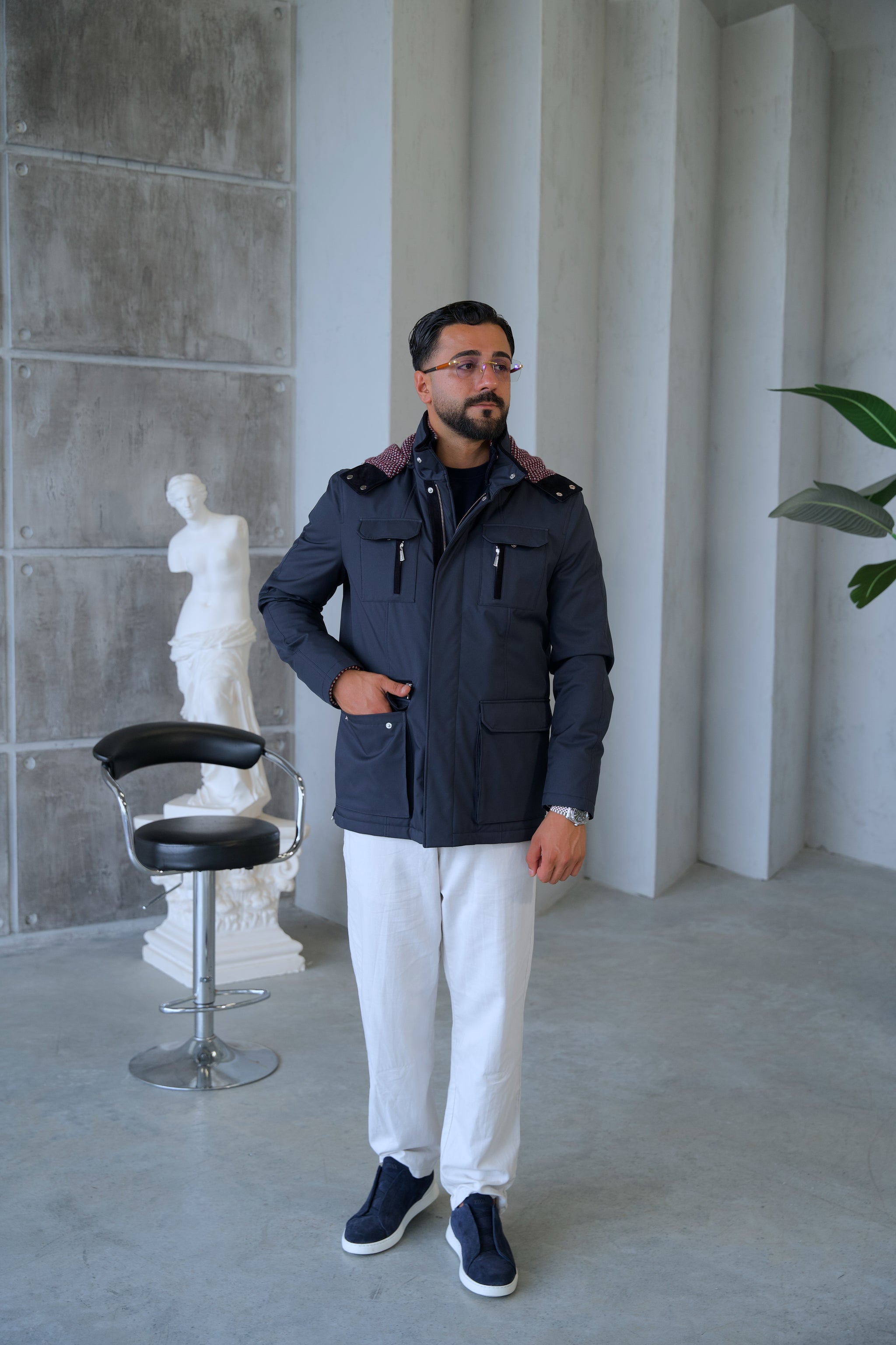 Men's Waterproof Hooded Jacket with Rabbit Fur Trim