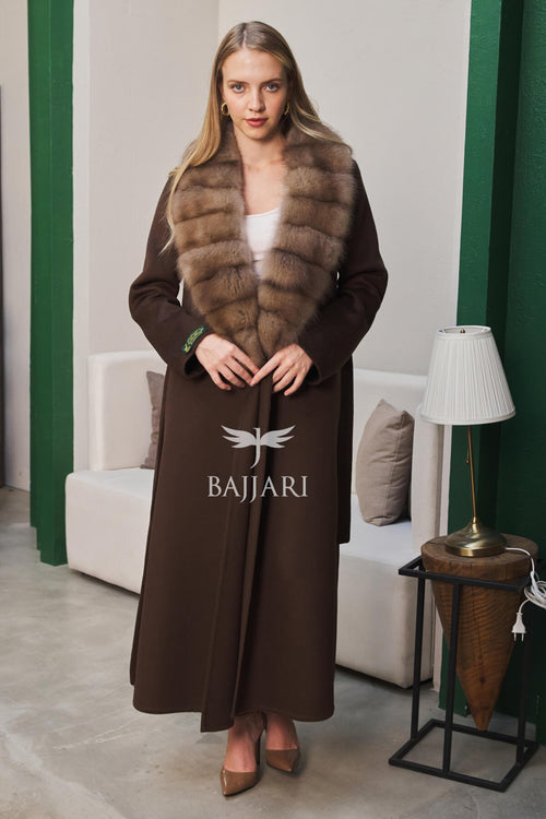 1113 Zibellino Fabric Women’s Coat with Removable Sable Fur Collar