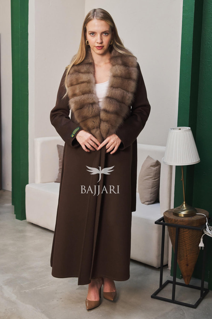 1113 Zibellino Fabric Women’s Coat with Removable Sable Fur Collar