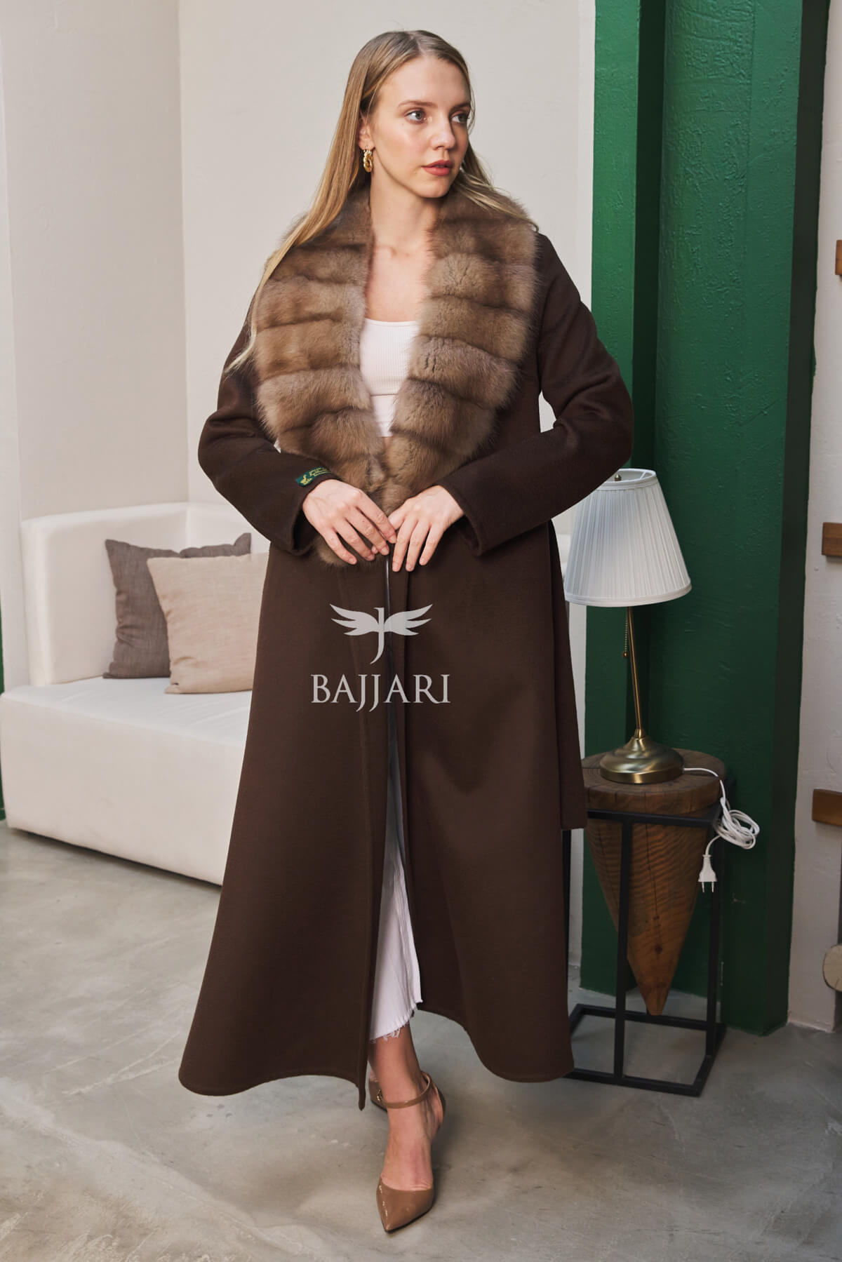 1113 Zibellino Fabric Women’s Coat with Removable Sable Fur Collar