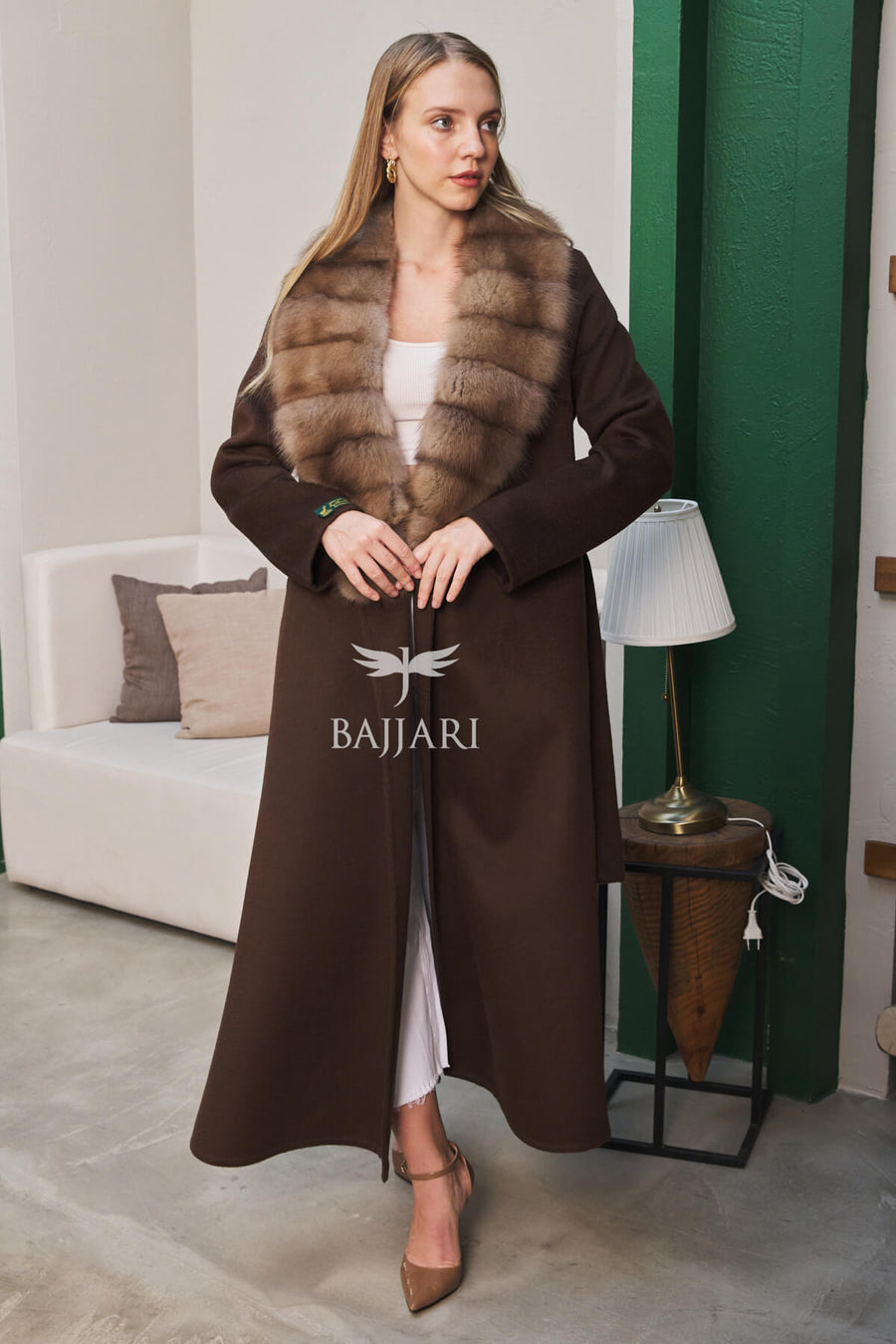 1113 Zibellino Fabric Women’s Coat with Removable Sable Fur Collar