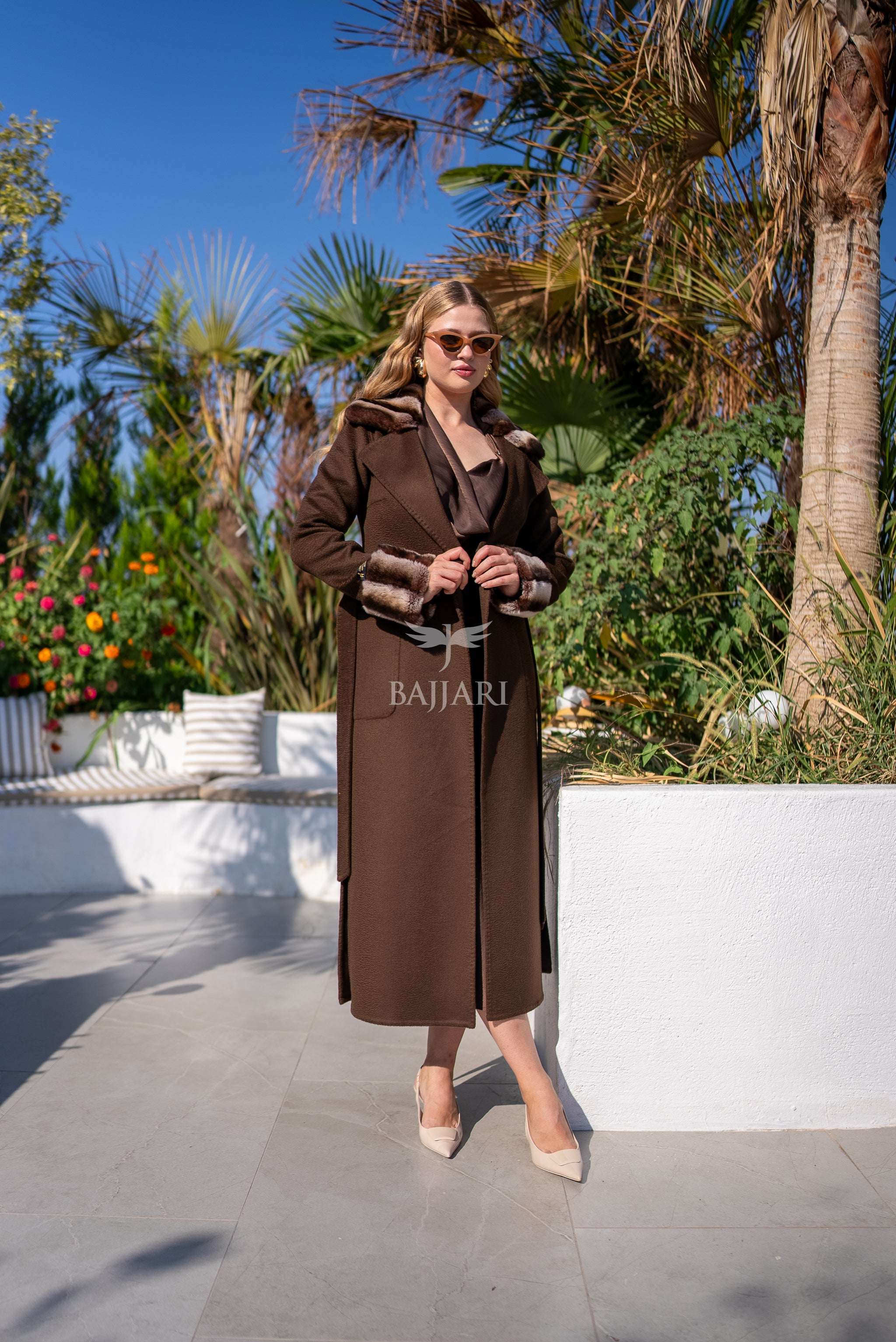 Zibellino Alpaca Fabric | Rabbit Rex Fur Collar and Sleeves &amp; Cuff Detail | Slit Skirt Cut -1090