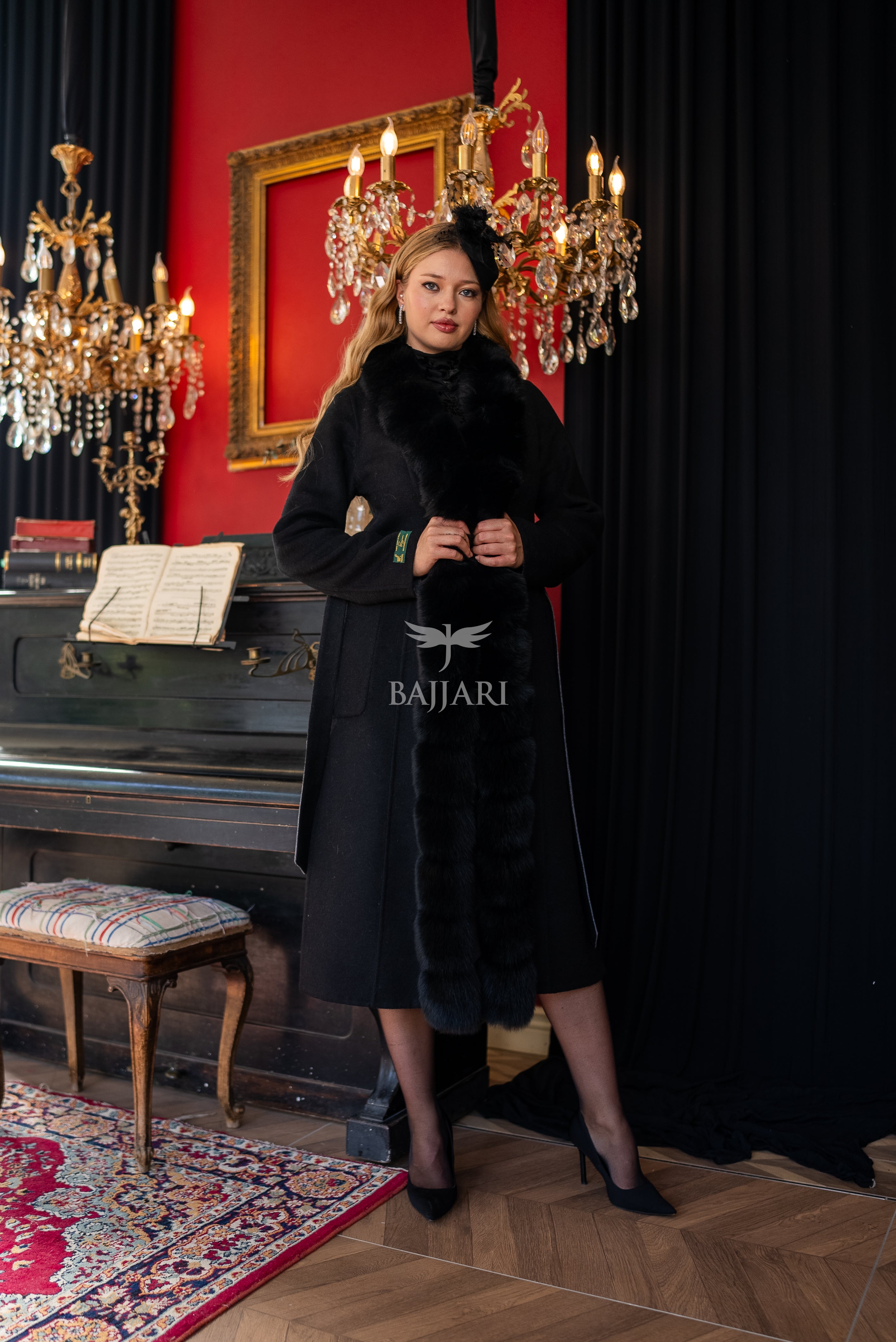 Elegant Alpaca Wool Fabric | Fox Fur Collar; Front Detail | Slit Skirt Cut -9220
