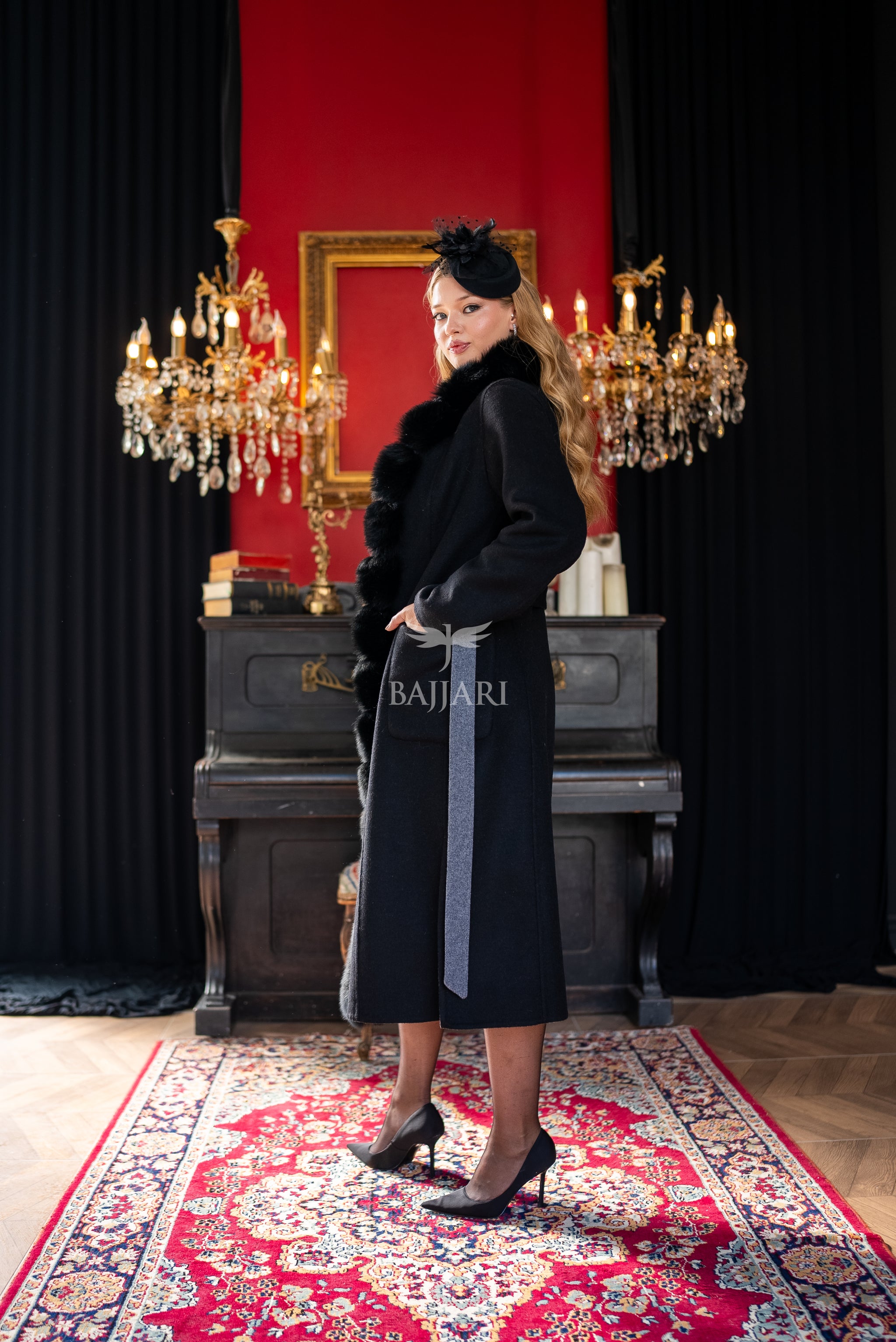 Elegant Alpaca Wool Fabric | Fox Fur Collar; Front Detail | Slit Skirt Cut -9220