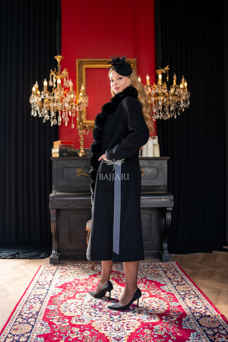 Elegant Alpaca Wool Fabric | Fox Fur Collar; Front Detail | Slit Skirt Cut -9220