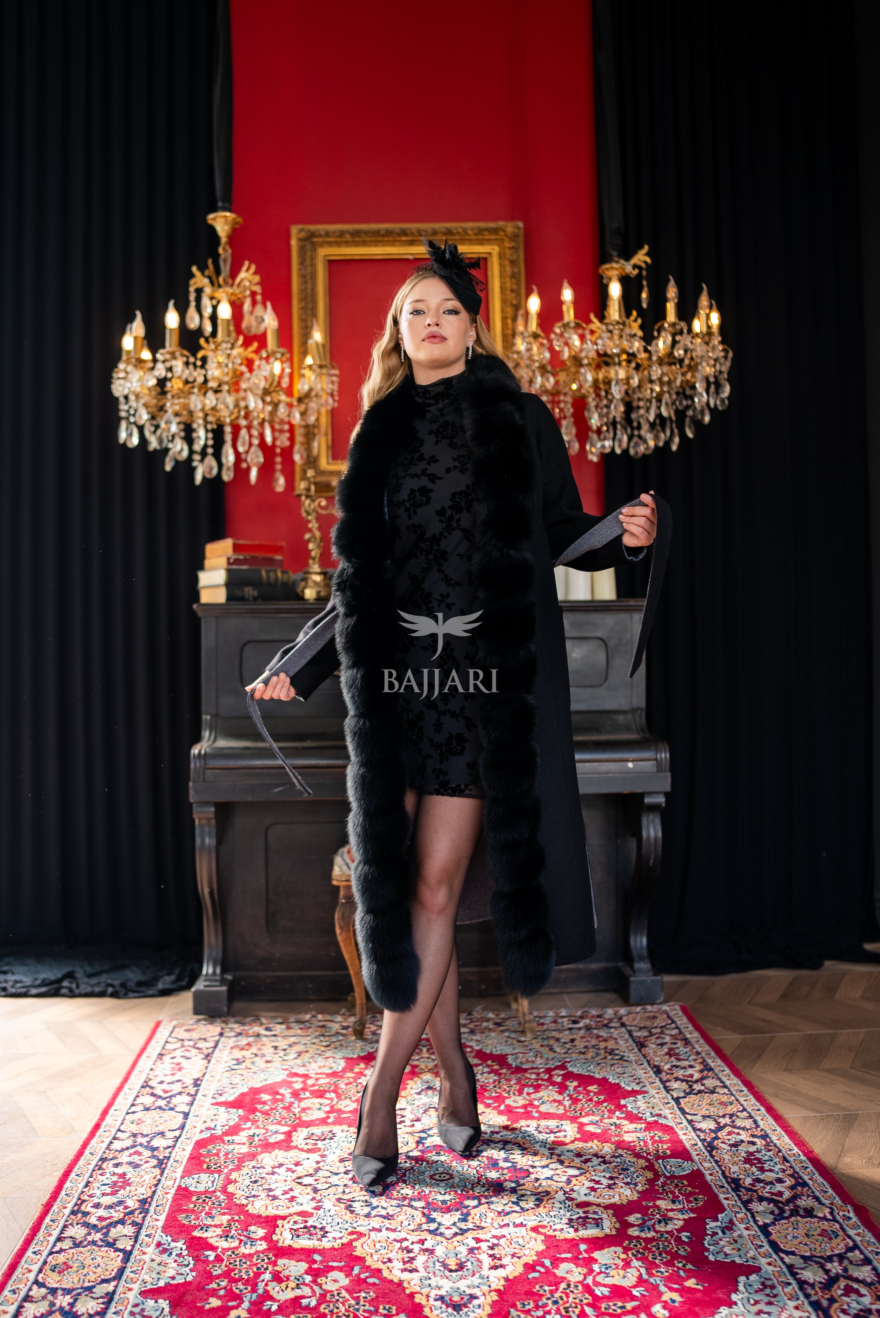 Elegant Alpaca Wool Fabric | Fox Fur Collar; Front Detail | Slit Skirt Cut -9220