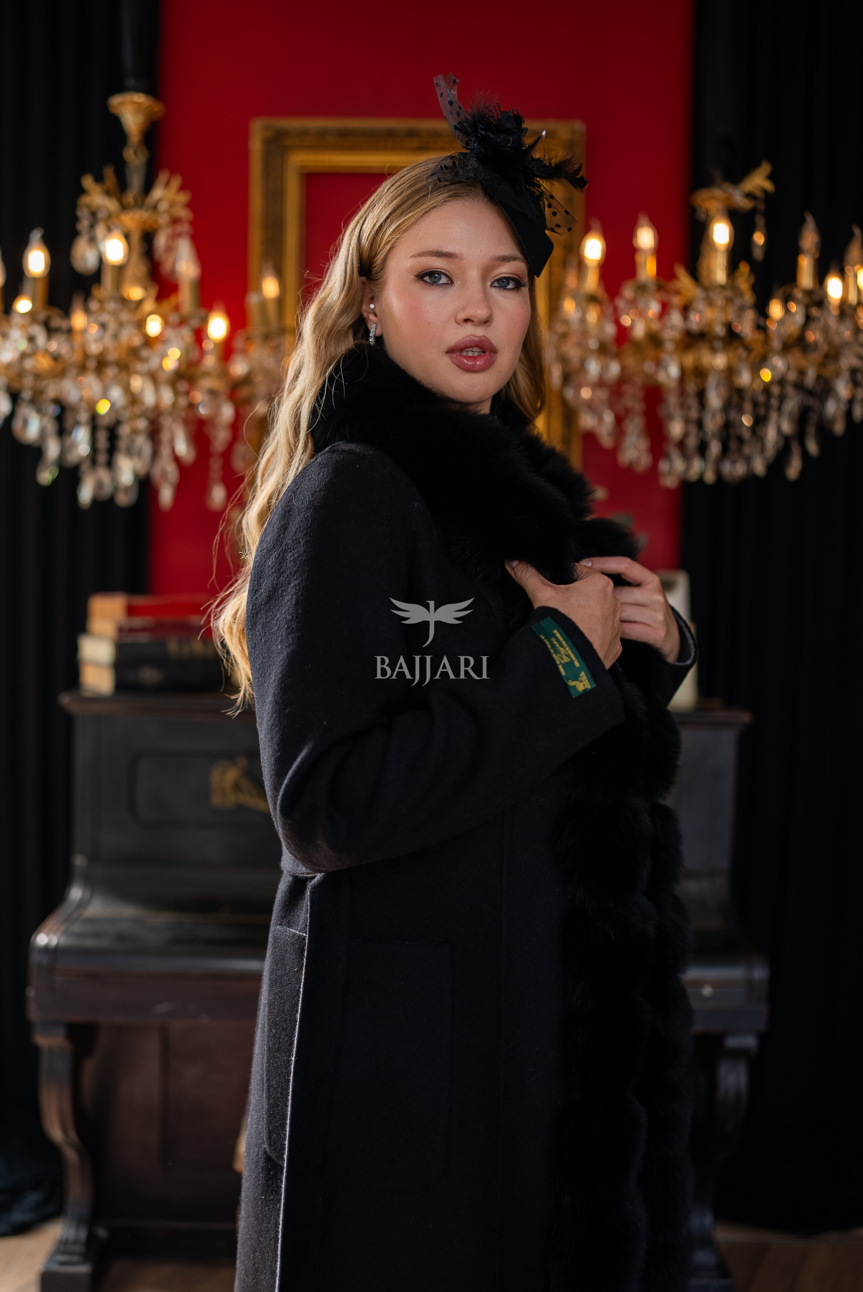 Elegant Alpaca Wool Fabric | Fox Fur Collar; Front Detail | Slit Skirt Cut -9220