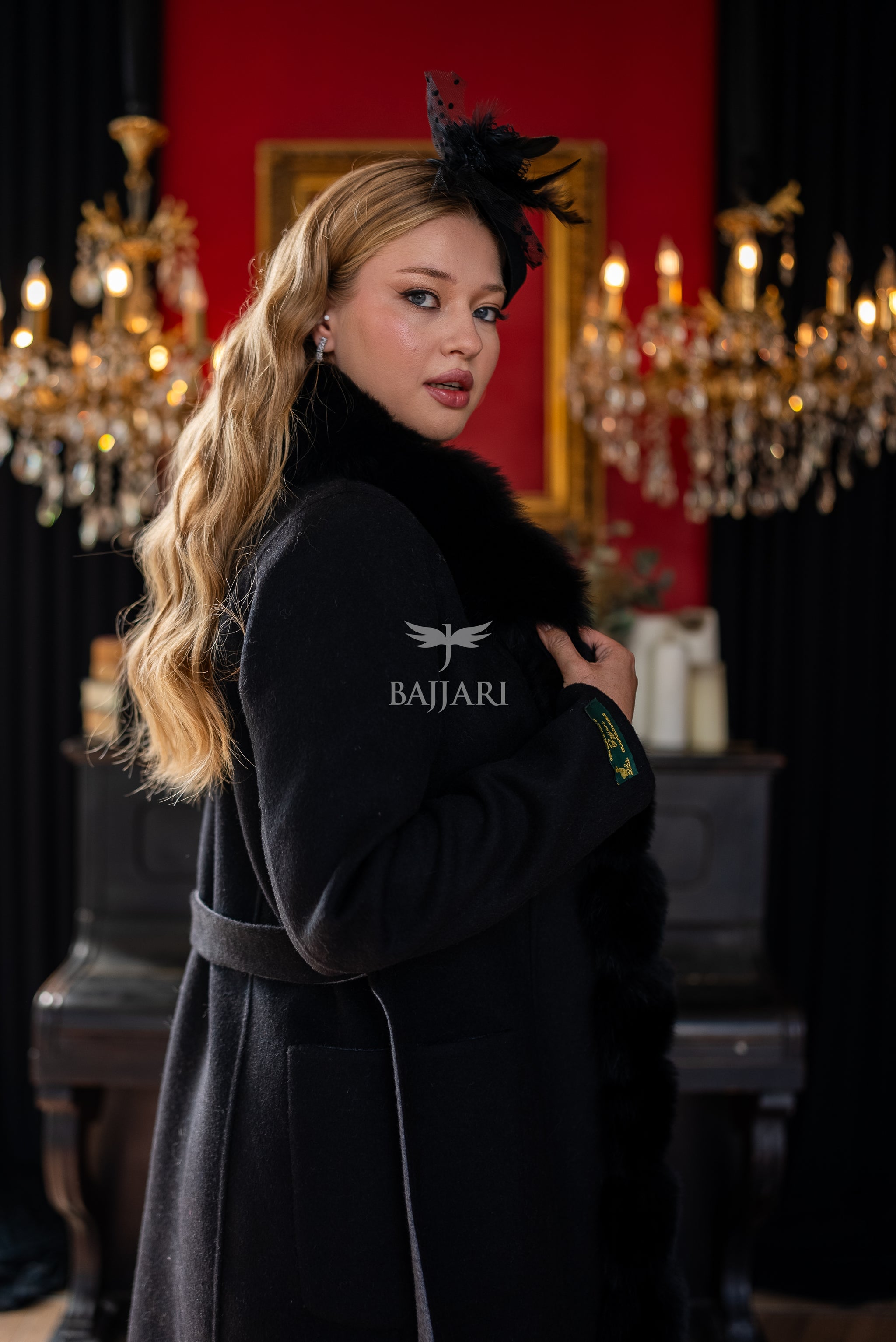 Elegant Alpaca Wool Fabric | Fox Fur Collar; Front Detail | Slit Skirt Cut -9220
