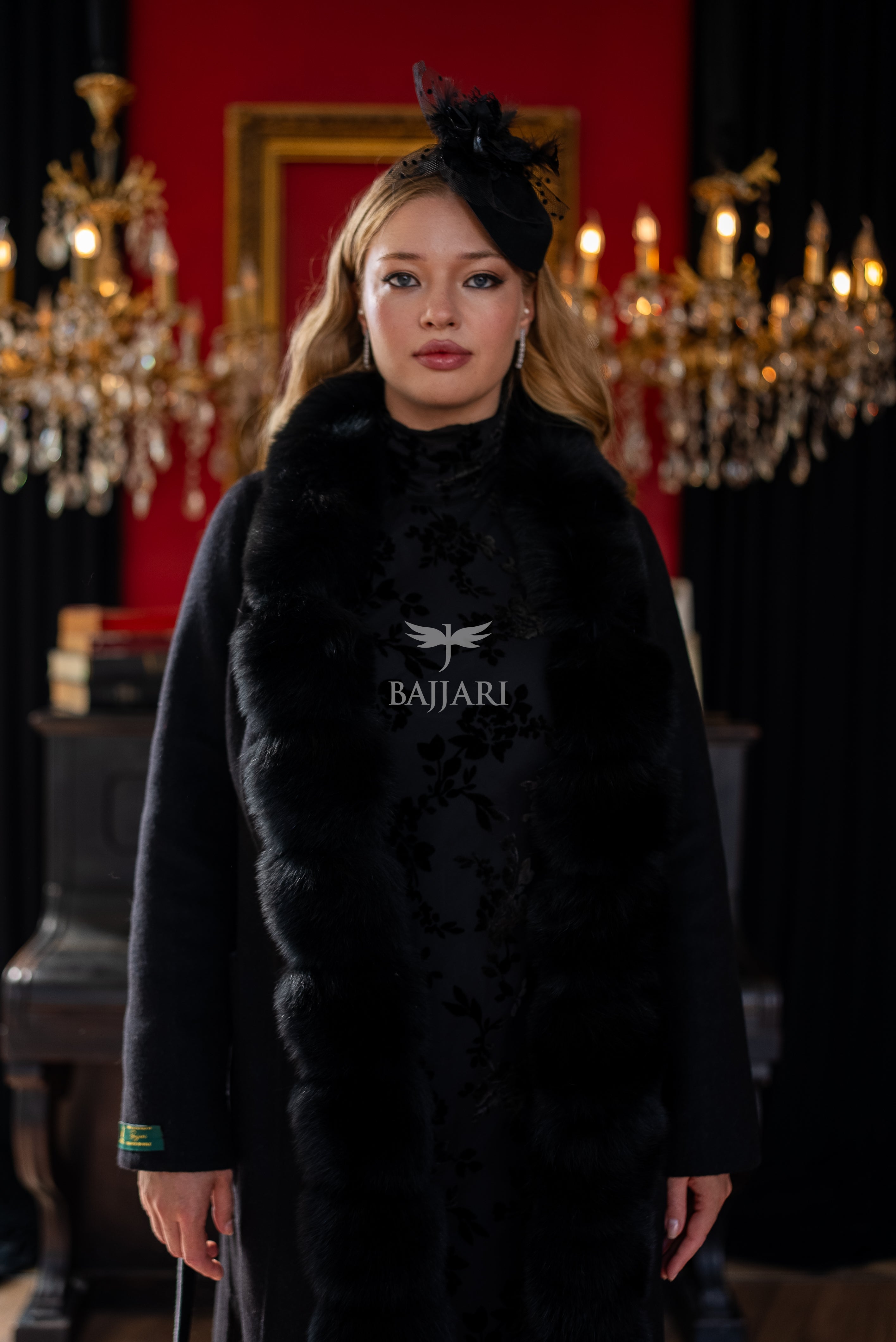 Elegant Alpaca Wool Fabric | Fox Fur Collar; Front Detail | Slit Skirt Cut -9220