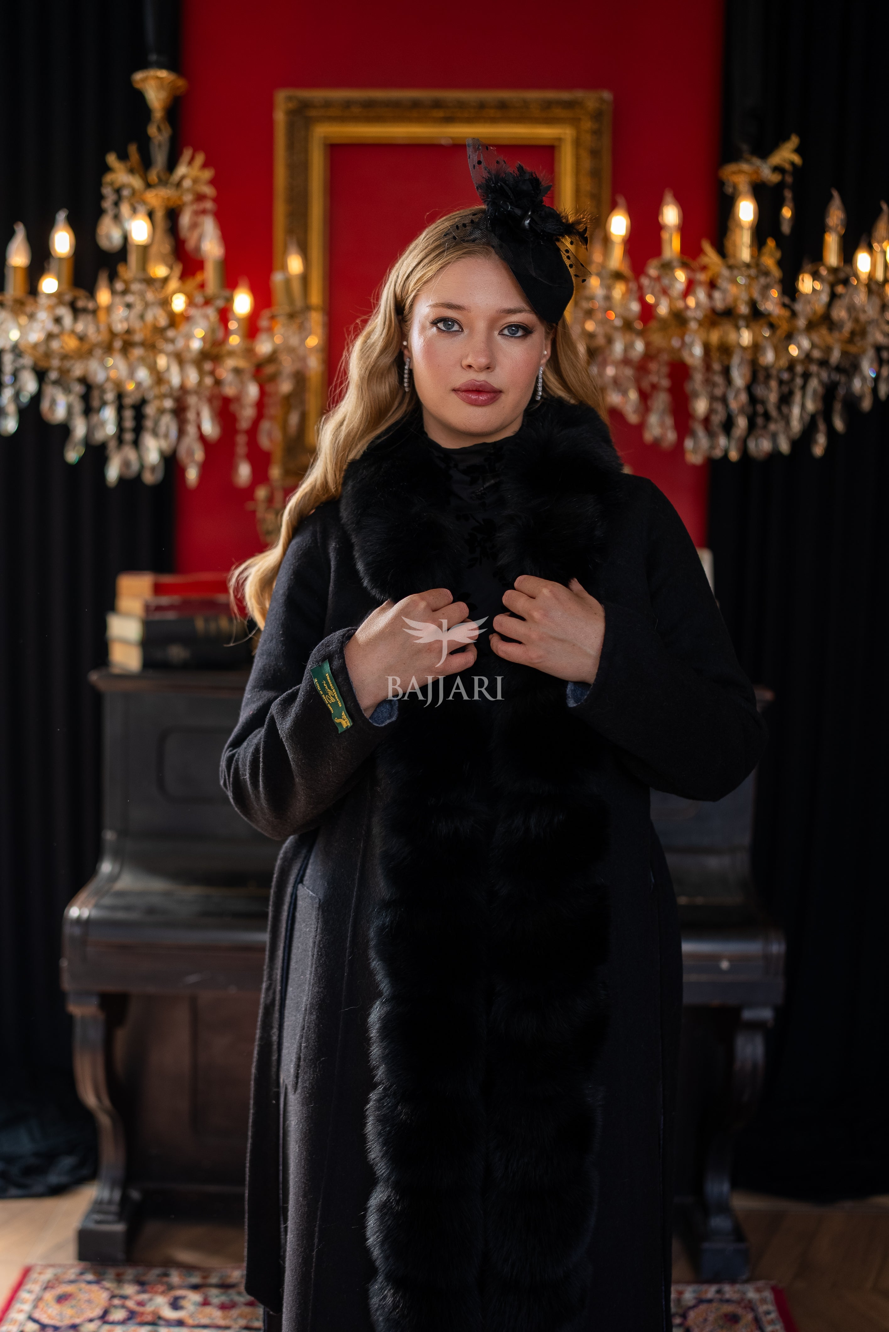Elegant Alpaca Wool Fabric | Fox Fur Collar; Front Detail | Slit Skirt Cut -9220