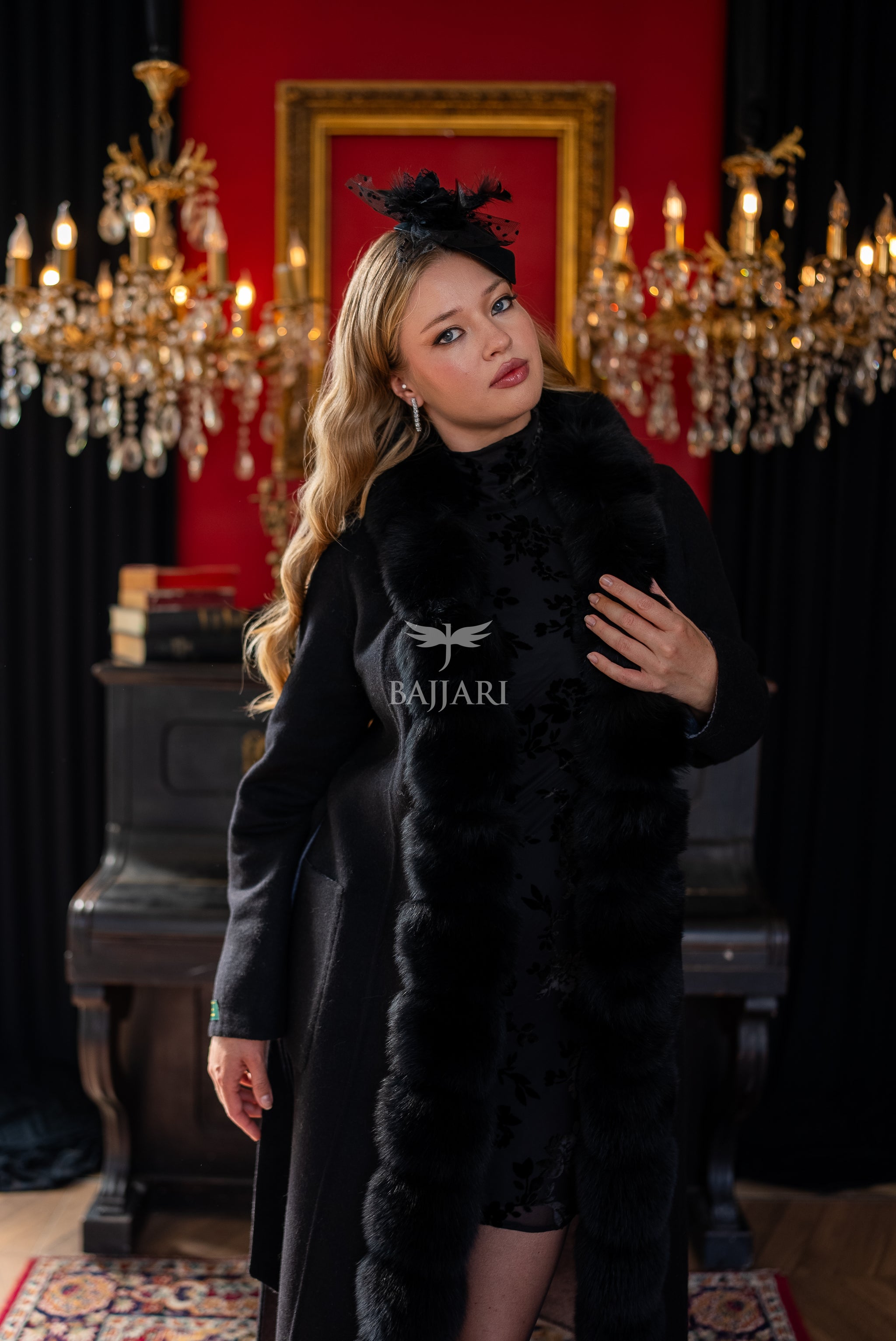 Elegant Alpaca Wool Fabric | Fox Fur Collar; Front Detail | Slit Skirt Cut -9220