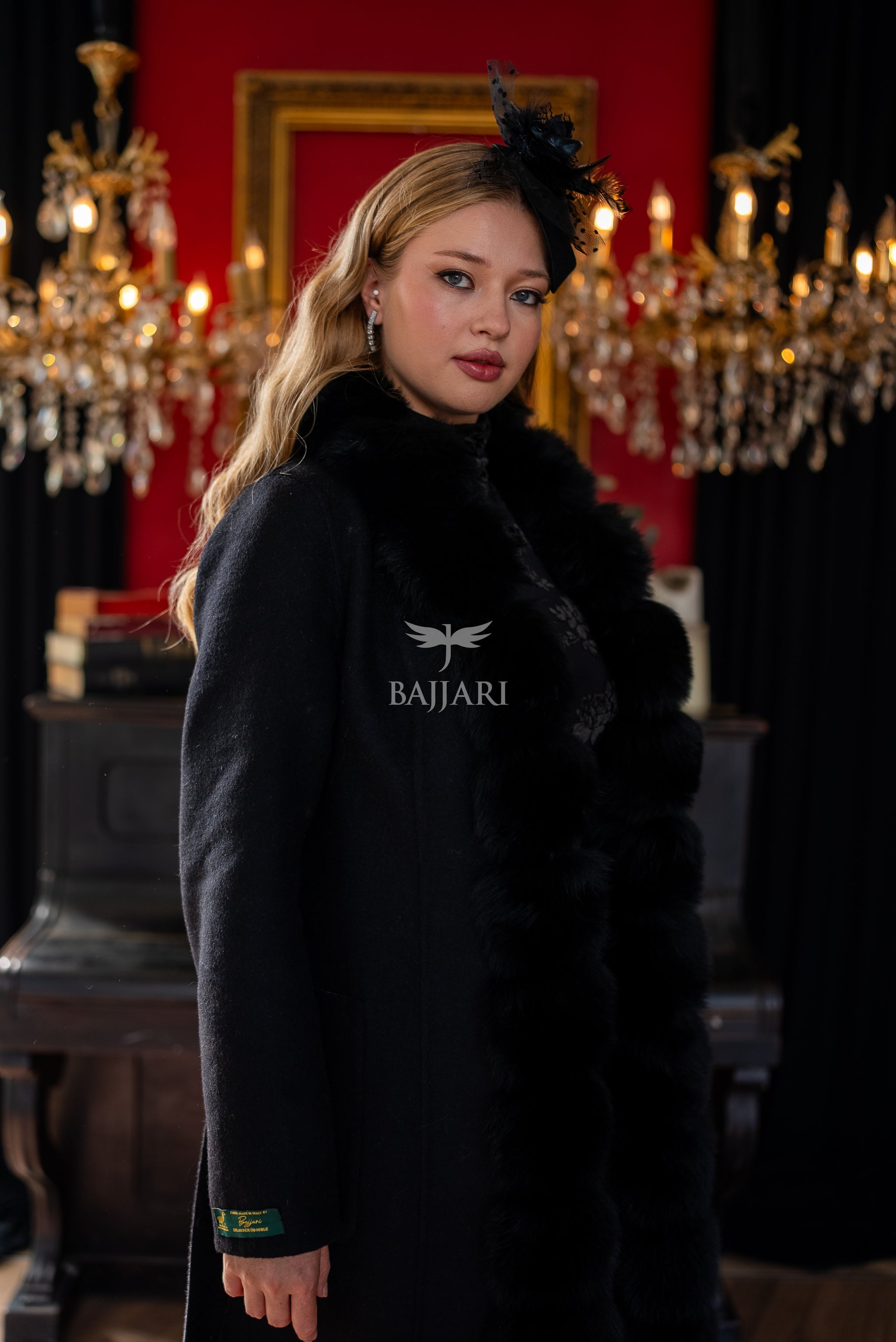 Elegant Alpaca Wool Fabric | Fox Fur Collar; Front Detail | Slit Skirt Cut -9220