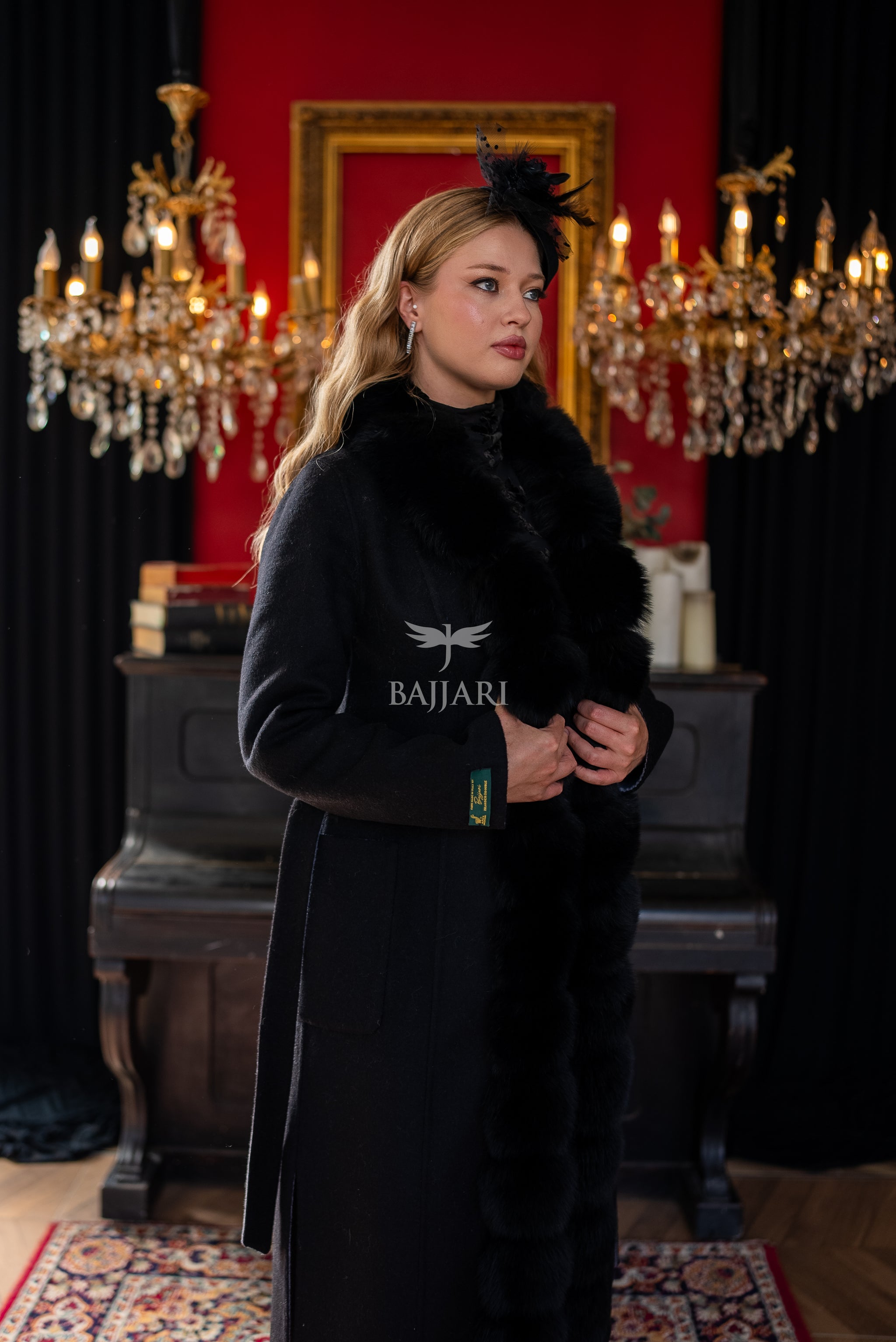 Elegant Alpaca Wool Fabric | Fox Fur Collar; Front Detail | Slit Skirt Cut -9220