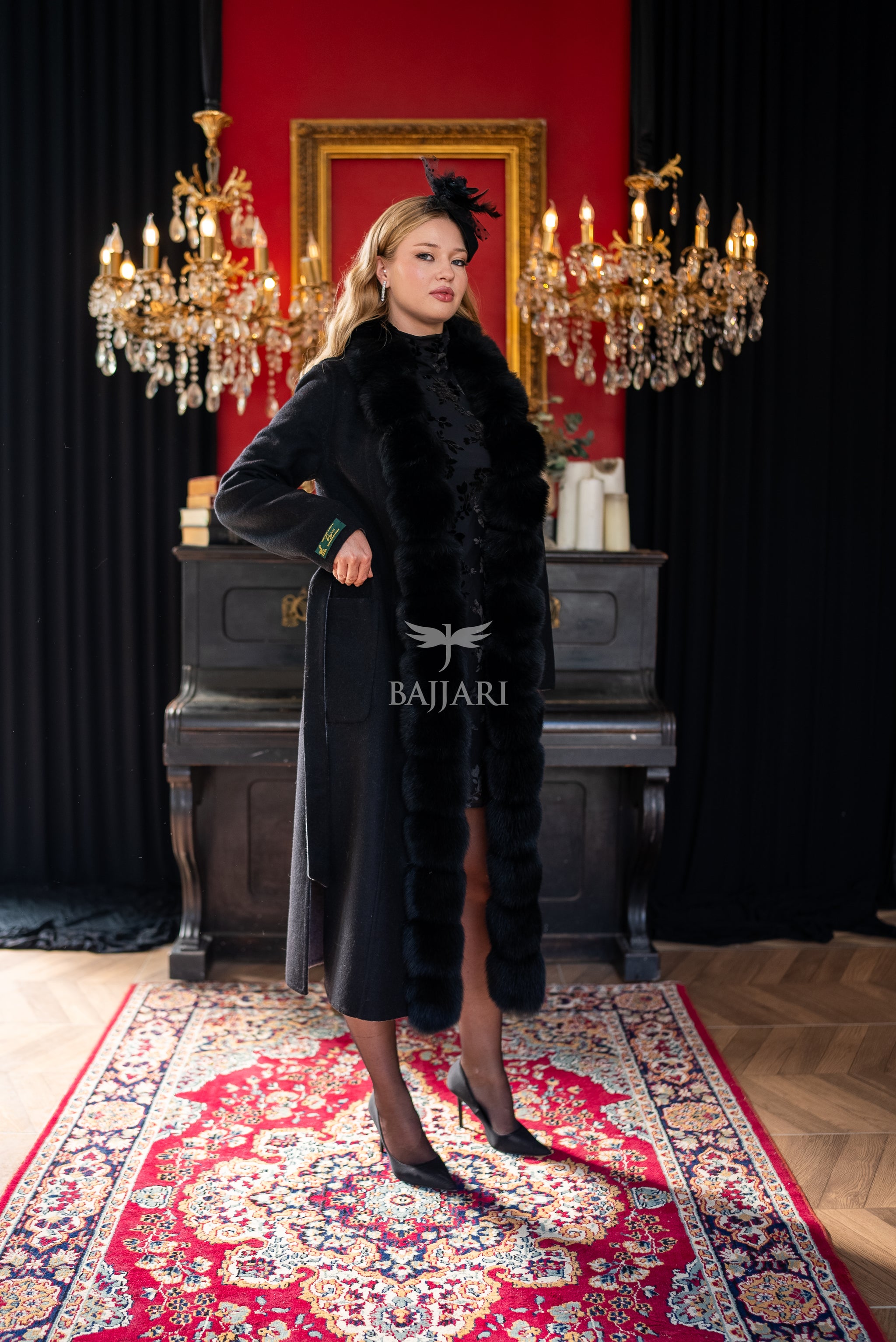 Elegant Alpaca Wool Fabric | Fox Fur Collar; Front Detail | Slit Skirt Cut -9220