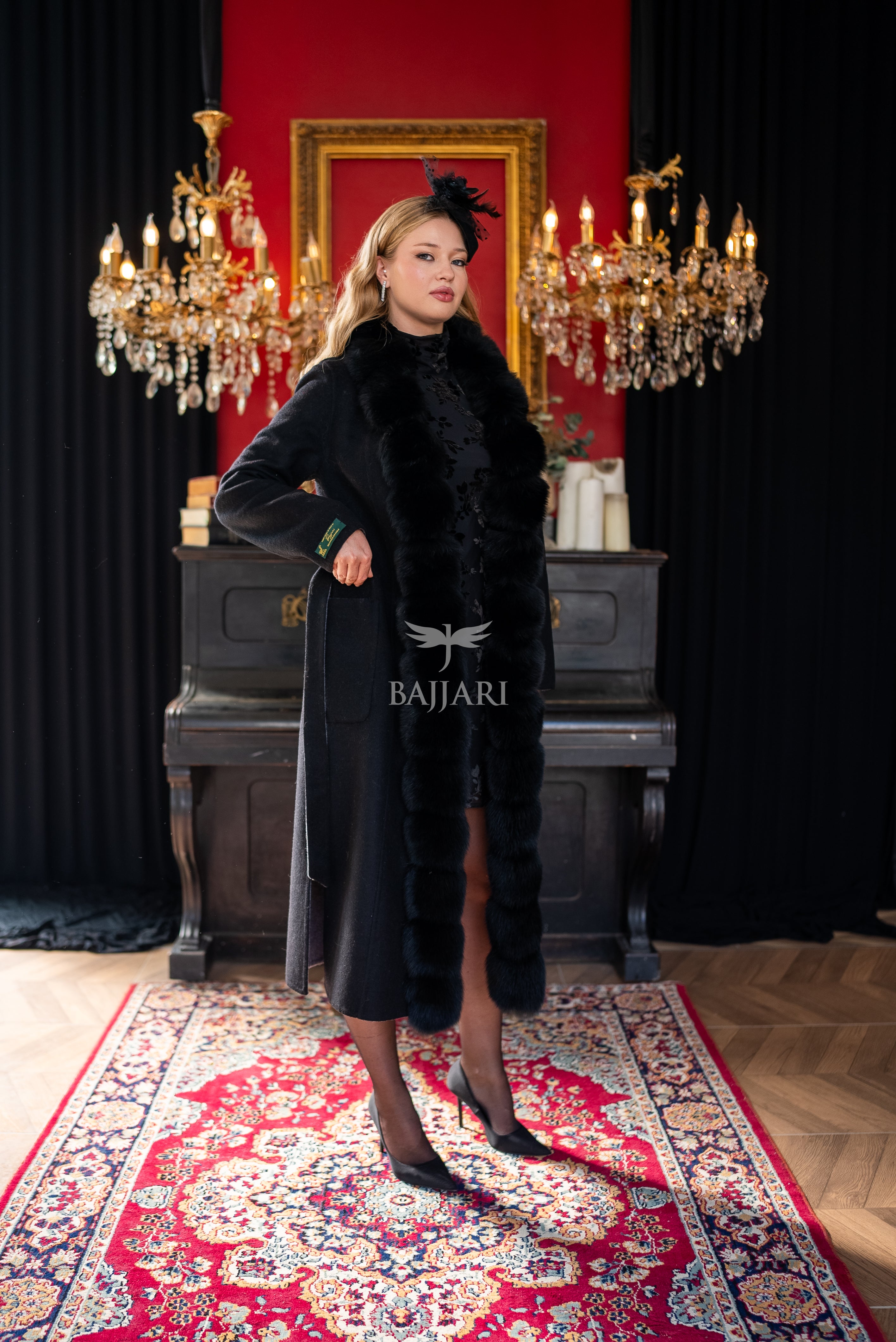 Elegant Alpaca Wool Fabric | Fox Fur Collar; Front Detail | Slit Skirt Cut -9220
