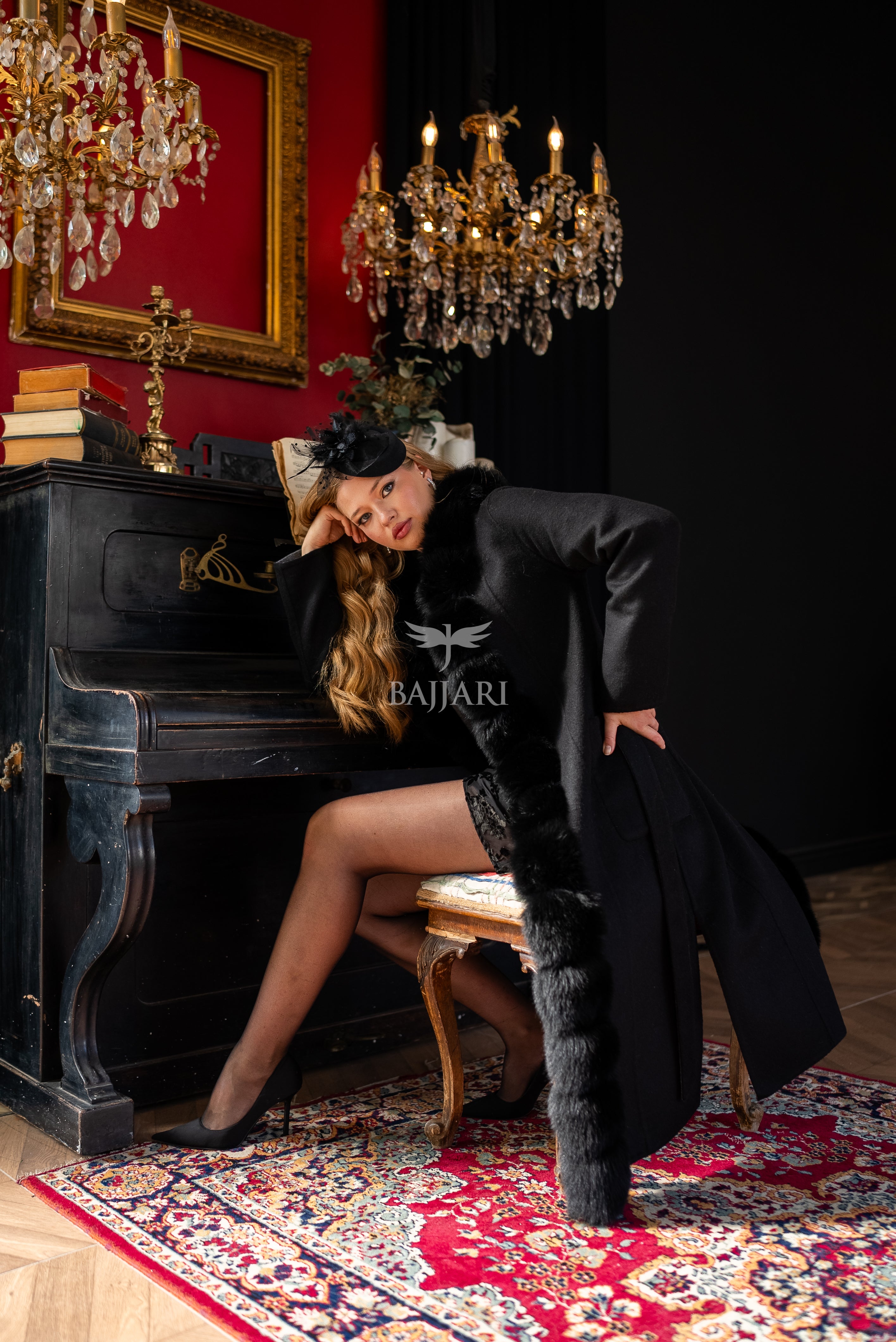 Elegant Alpaca Wool Fabric | Fox Fur Collar; Front Detail | Slit Skirt Cut -9220