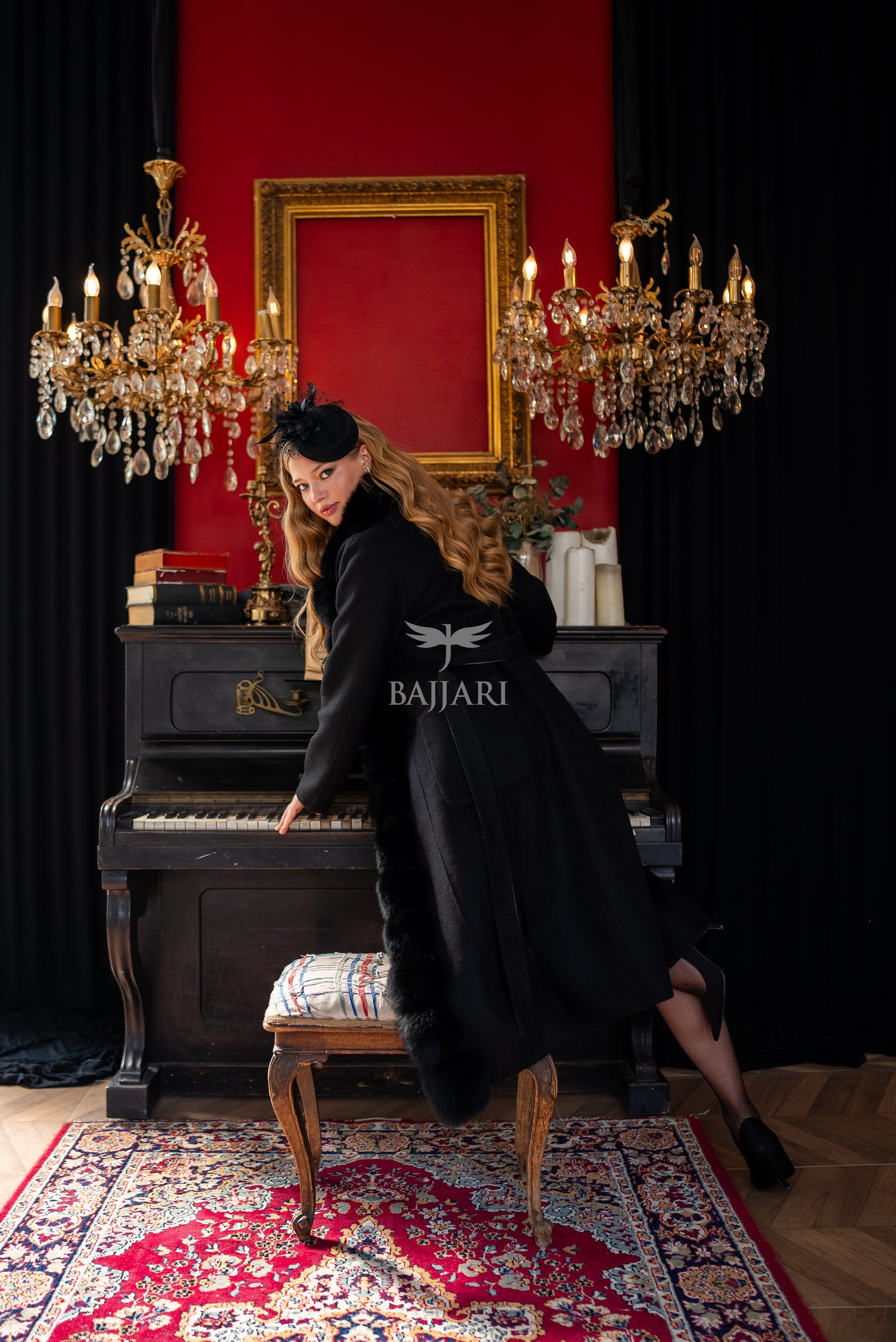 Elegant Alpaca Wool Fabric | Fox Fur Collar; Front Detail | Slit Skirt Cut -9220